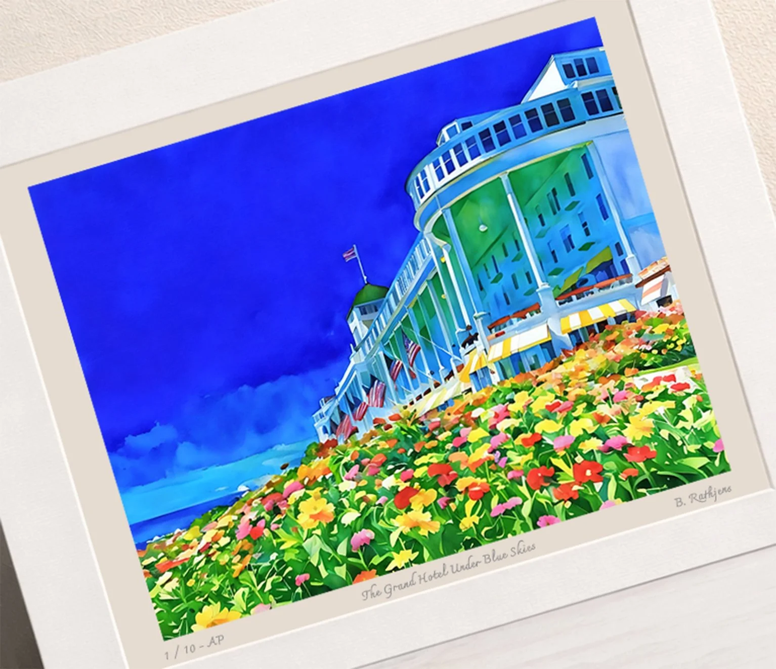 The Grand Hotel Under Blue Skies & Blooms – Limited Edition Giclée Fine Art Print