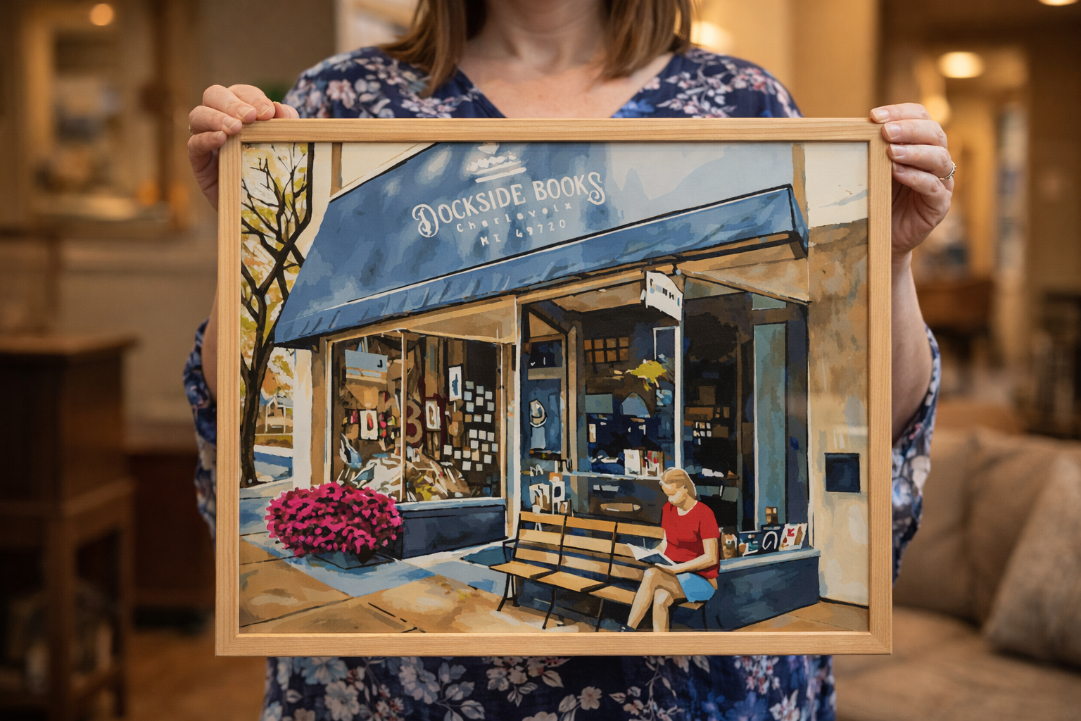 Dockside Bookstore Afternoon depicts Dockside Bookshop on a bright afternoon, capturing its charming storefront along the channel and the relaxed pace of a summer day in downtown Charlevoix as a paint-by-number scene.