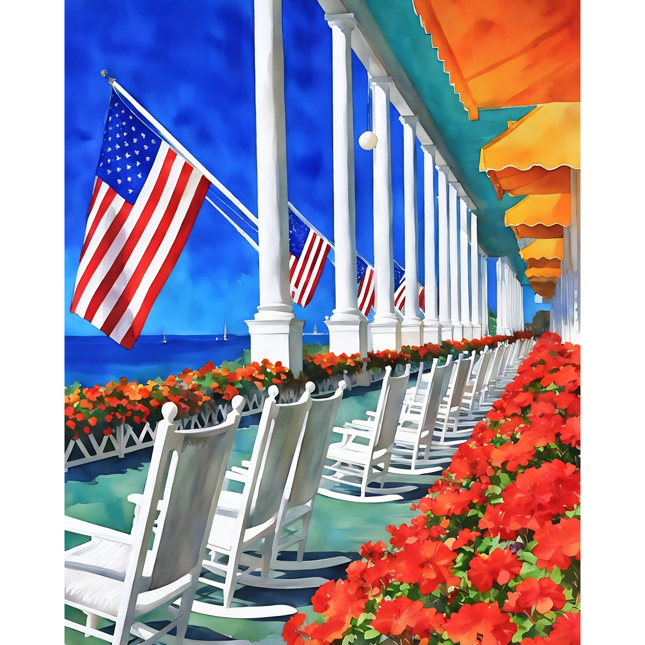 The Grand Hotel Porch with Rockers & Flags – Limited Edition Giclée Fine Art Print