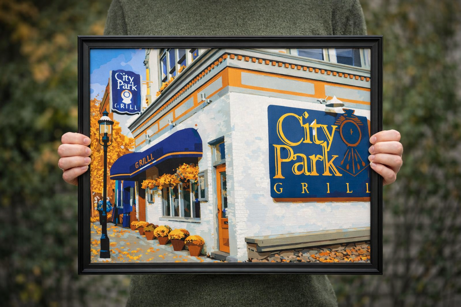 City Park Grill in Autumn portrays the iconic City Park Grill restaurant on Mitchell Street in downtown Petoskey, Michigan, surrounded by fall color and seasonal warmth, capturing one of the city’s most beloved historic gathering places as a richly d