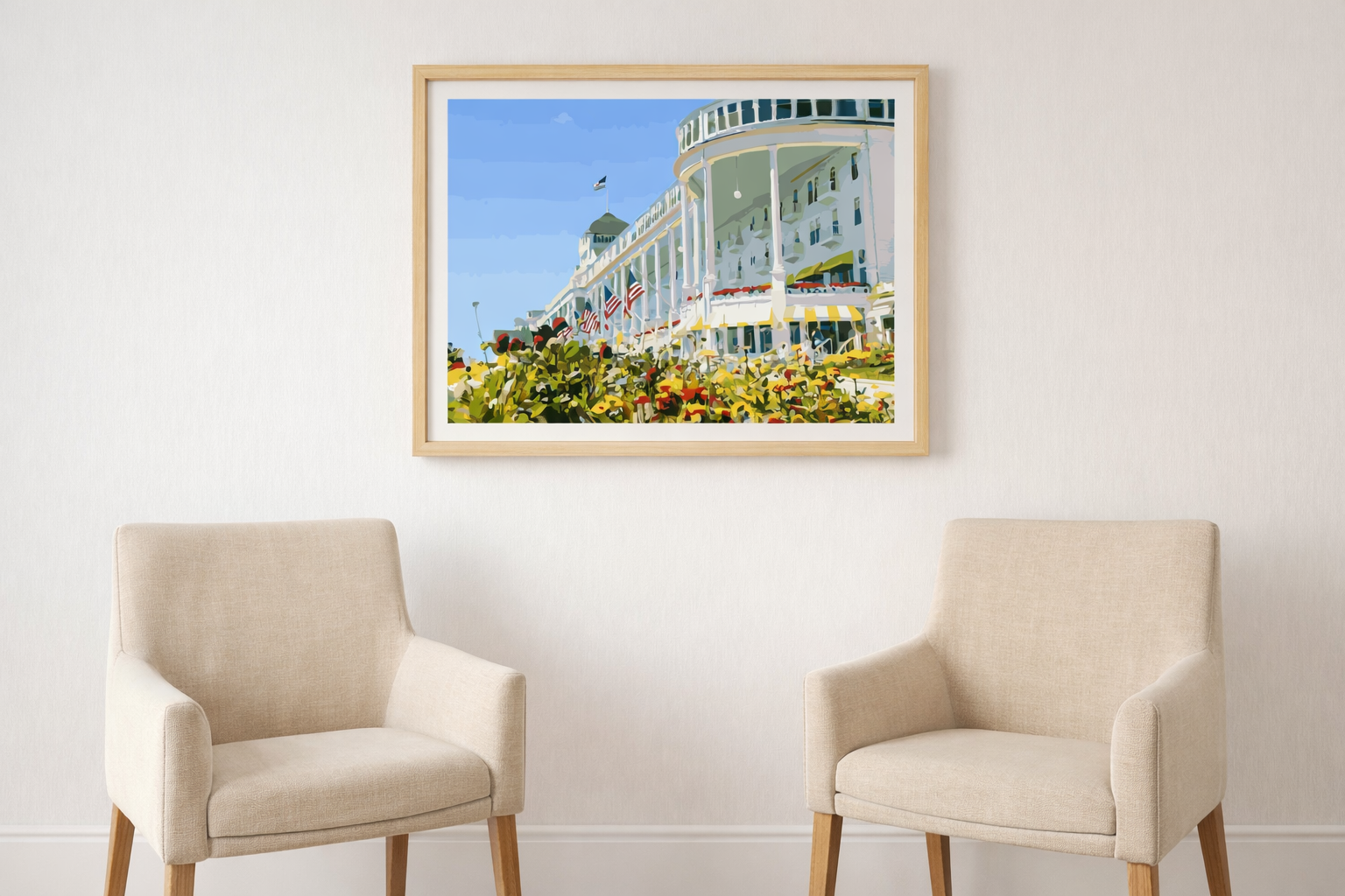 Grand Hotel Veranda captures the iconic Grand Hotel on Mackinac Island, showcasing its sweeping porch, classic white architecture, and timeless elegance that have defined this historic landmark for generations as a detailed paint-by-number scene.