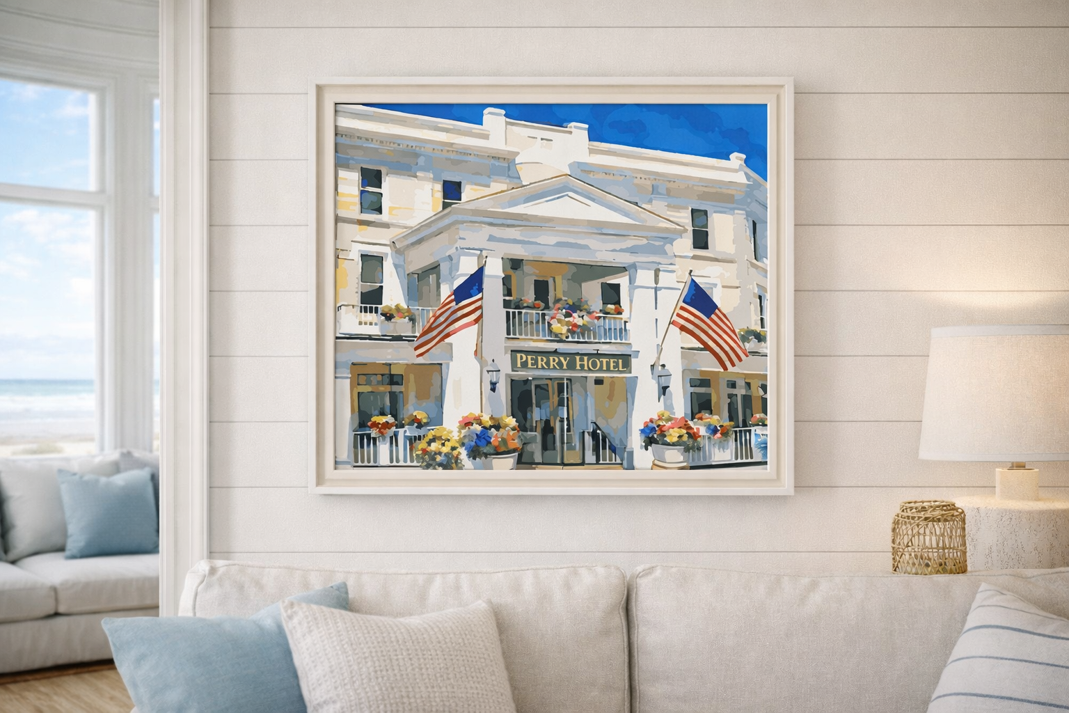 Stafford’s Perry Hotel Summer Classic depicts the historic Perry Hotel overlooking downtown Petoskey, Michigan, presented in a timeless summer setting that highlights its grand architecture and long-standing role as one of Petoskey’s most iconic wate