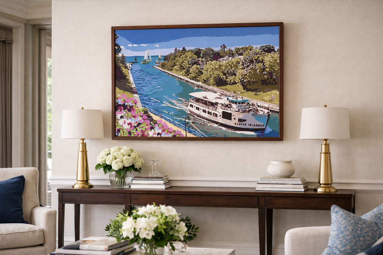 Beaver Islander Passage depicts the Beaver Islander ferry departing Charlevoix Harbor, highlighting the working waterfront and daily passage between Charlevoix and Beaver Island in a classic lakeside paint-by-number scene.