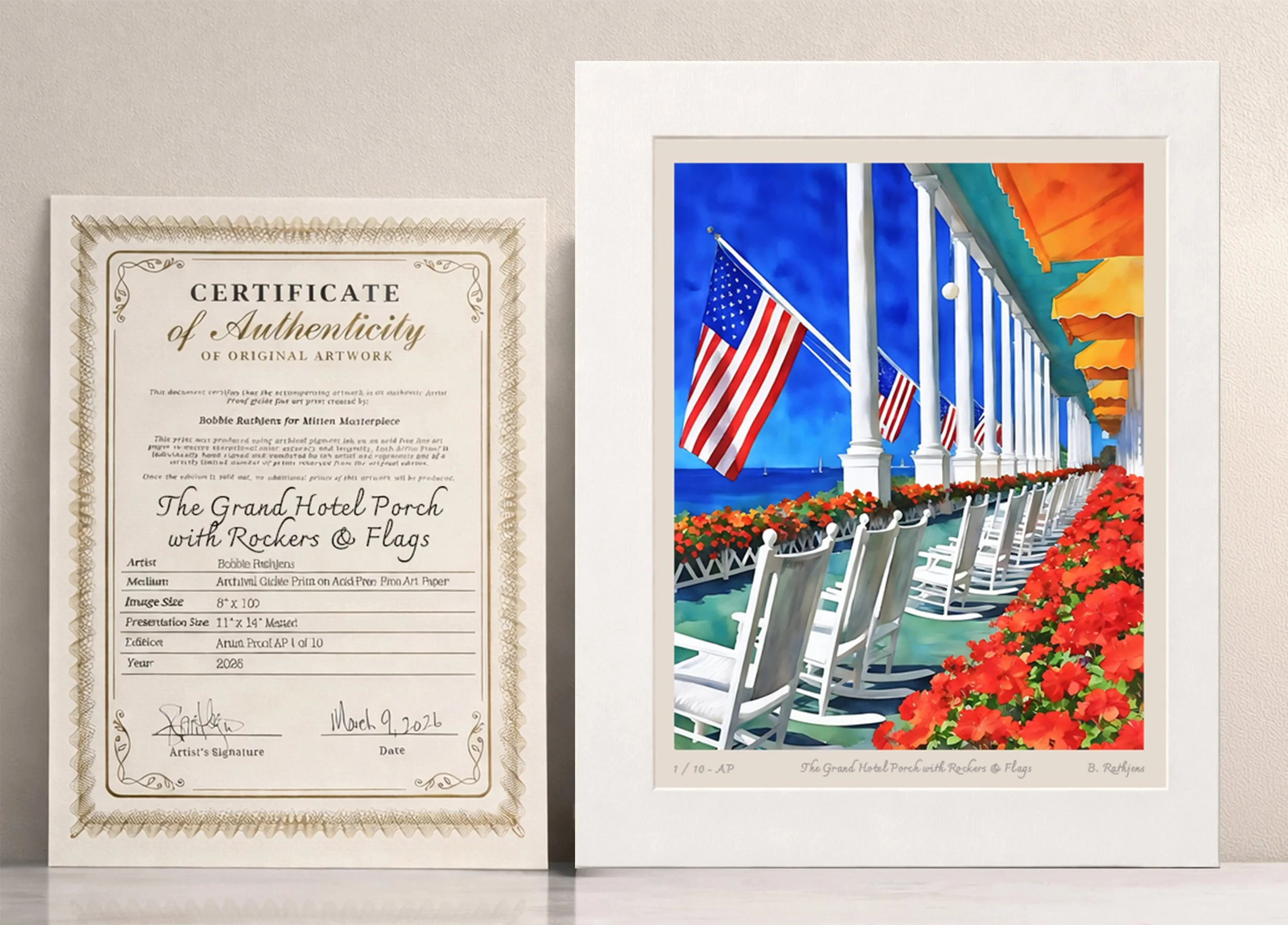 The Grand Hotel Porch with Rockers & Flags – Limited Edition Giclée Fine Art Print