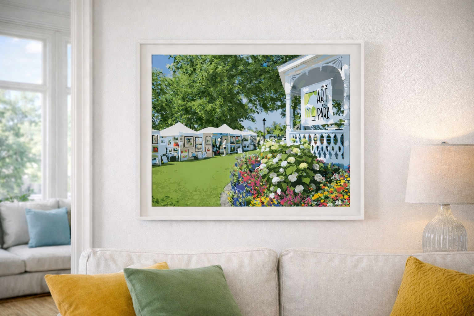 Petoskey Art in the Park Summer Festival depicts the annual Art in the Park event in downtown Petoskey, Michigan, centered around Pennsylvania Park and its iconic gazebo, capturing the energy of local artists, community gathering, and summer traditio