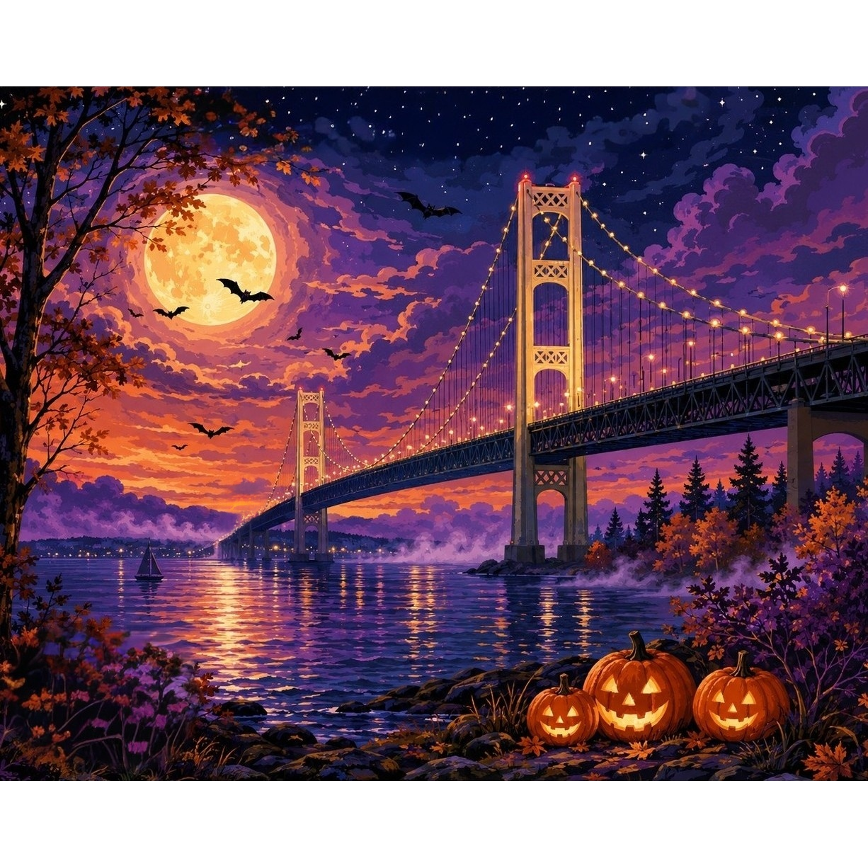 Moonlit Mackinac Bridge Halloween Paint-by-Number Kit