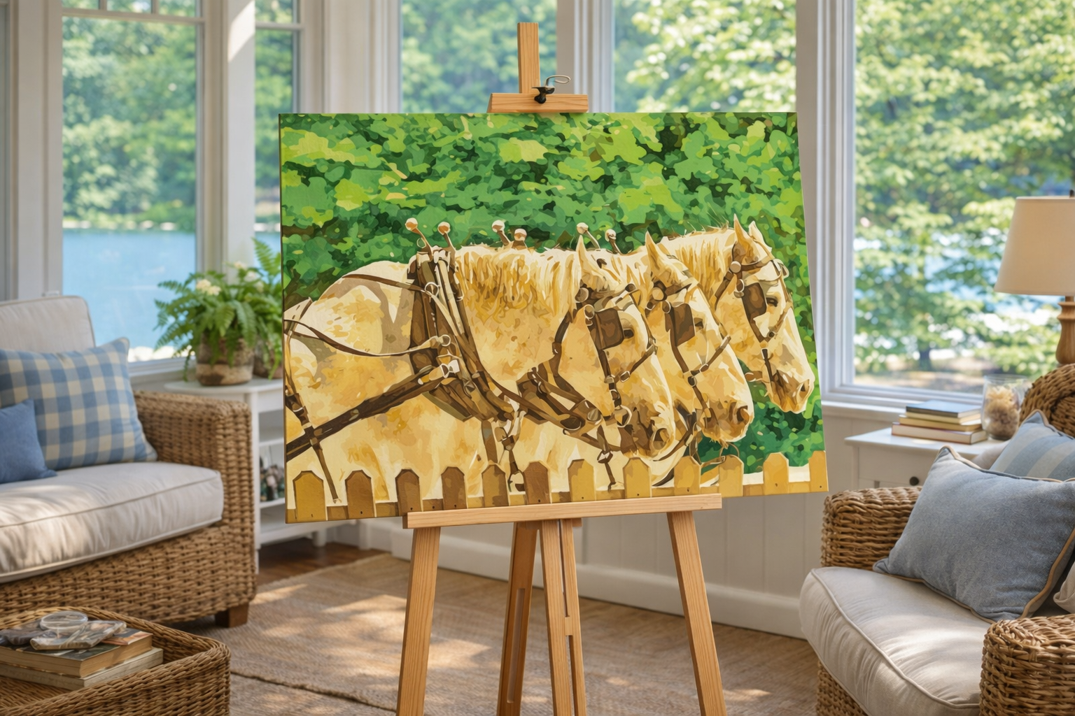 Working Horses of Mackinac Island depicts the draft horses that power daily life on Mackinac Island, capturing these hardworking animals in a classic island setting that reflects the tradition, movement, and enduring character of the island as a deta
