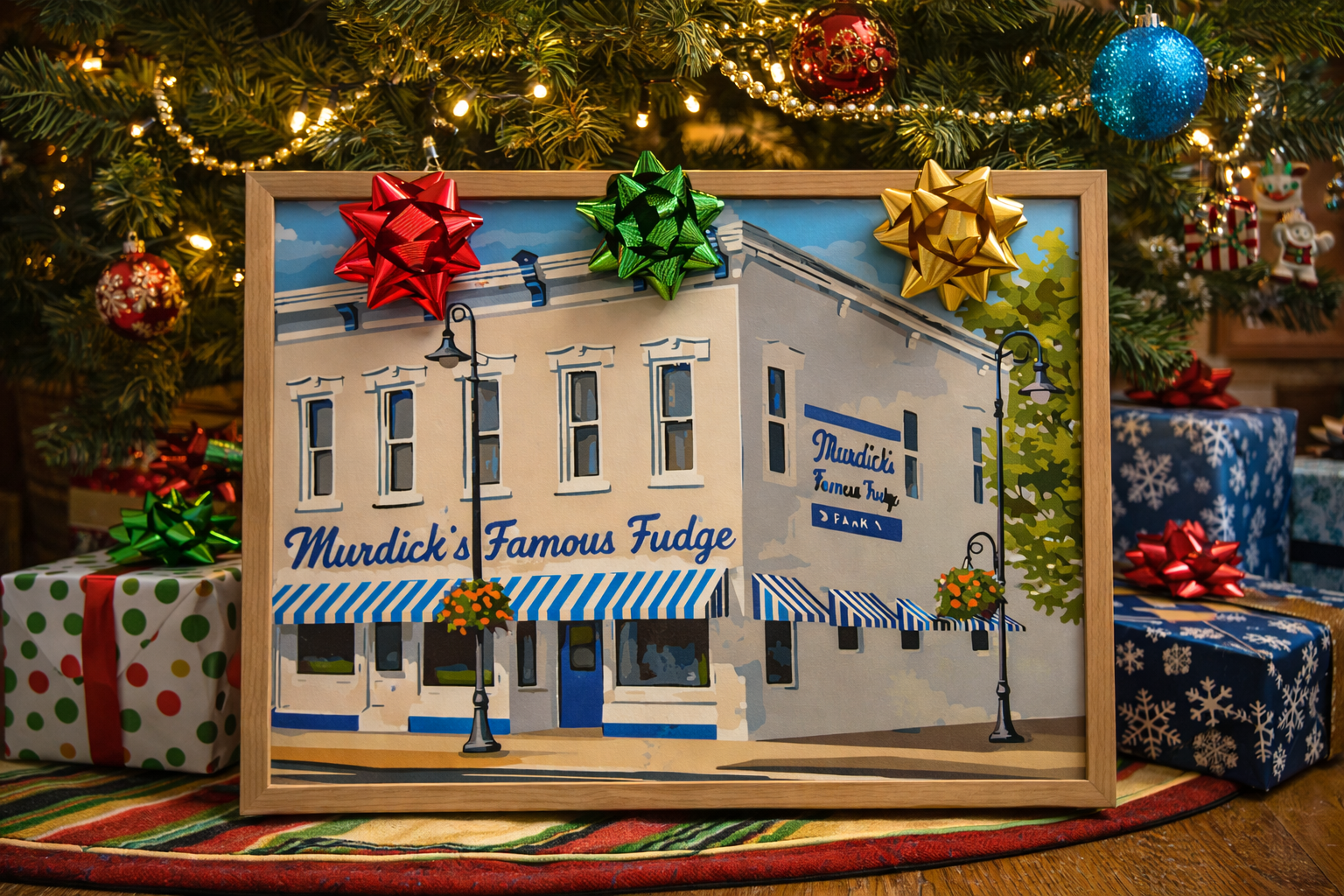 Bridge Street Fudge captures a Murdick's Famous Fudge shop in downtown Charlevoix, highlighting the colorful storefronts, pedestrian energy, and sweet traditions that define the heart of the town as a paint-by-number scene.