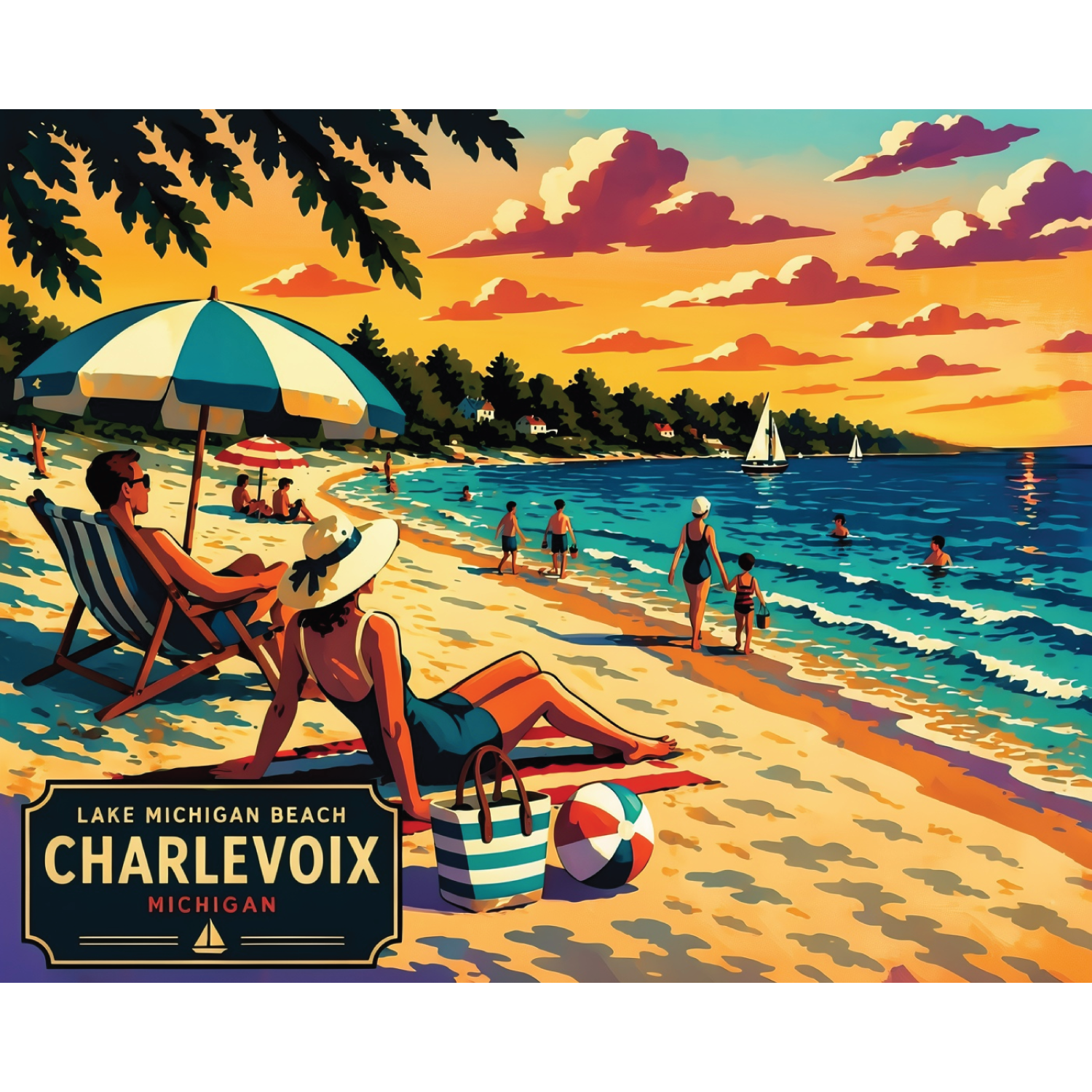 Lake Michigan Beach Charlevoix Art Deco – Giclée Fine Art Print