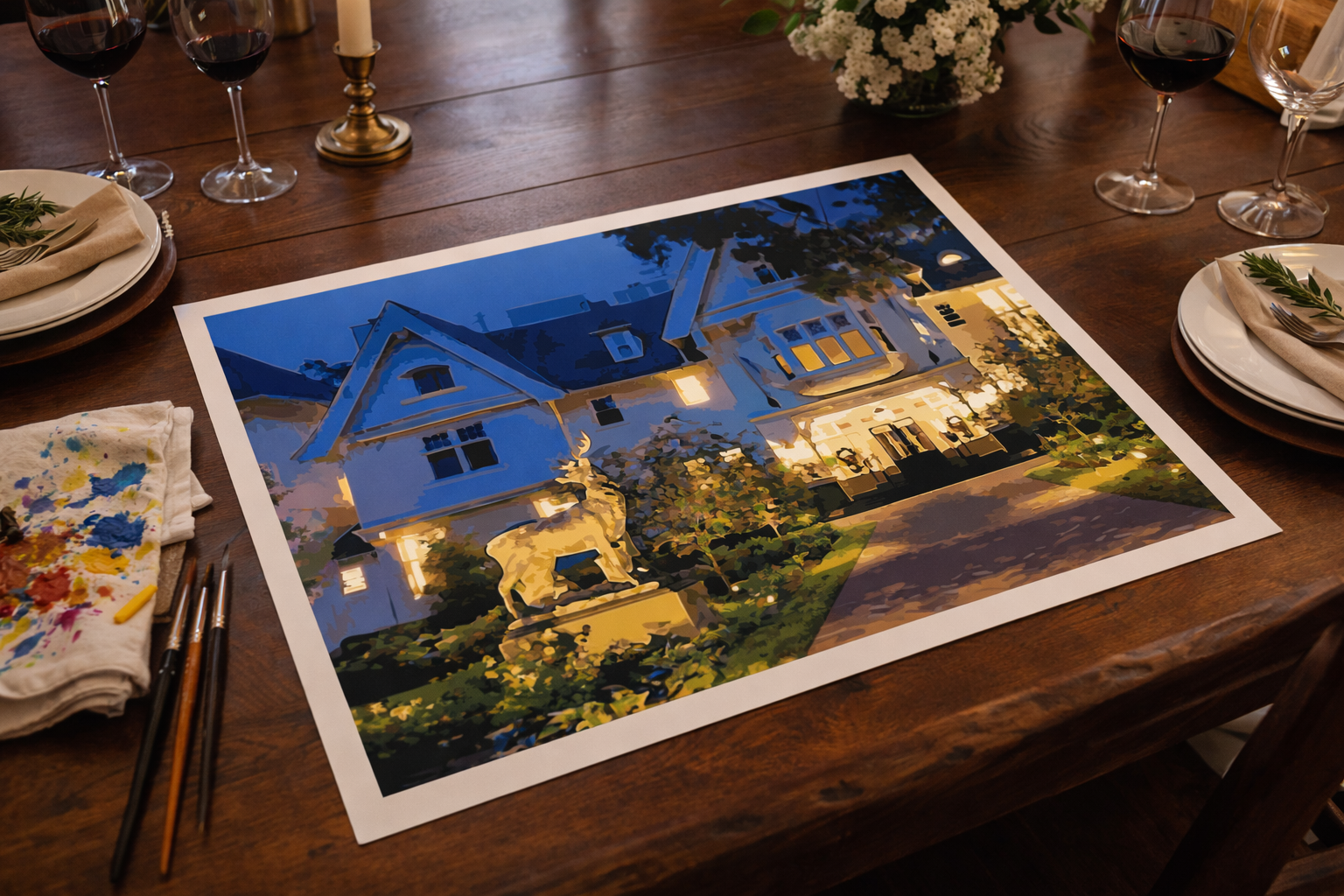 Nightfall at The Inn at Stonecliffe depicts The Inn at Stonecliffe on Mackinac Island at dusk, capturing the estate’s grand architecture, elevated setting, and evening glow overlooking the Straits of Mackinac as a detailed paint-by-number scene.