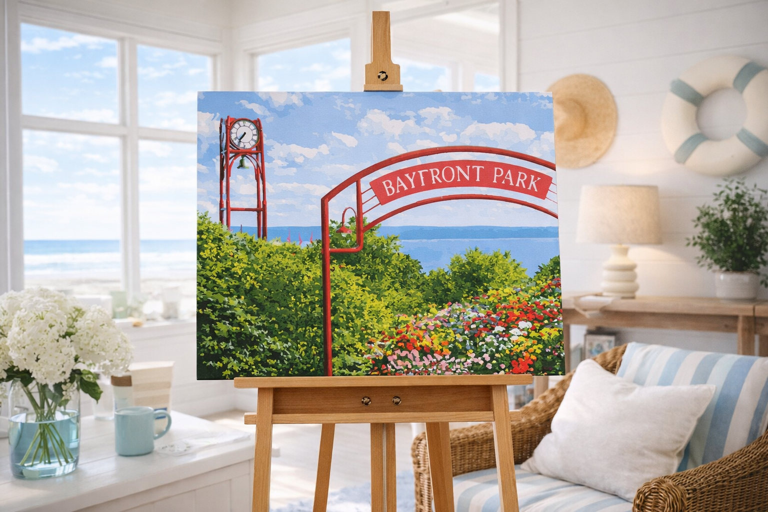 Bayfront Park Summer View portrays Bayfront Park along Little Traverse Bay in Petoskey, Michigan, showcasing the waterfront shoreline, open green space, and classic harbor views that define this beloved lakeside park in a detailed paint-by-number sce