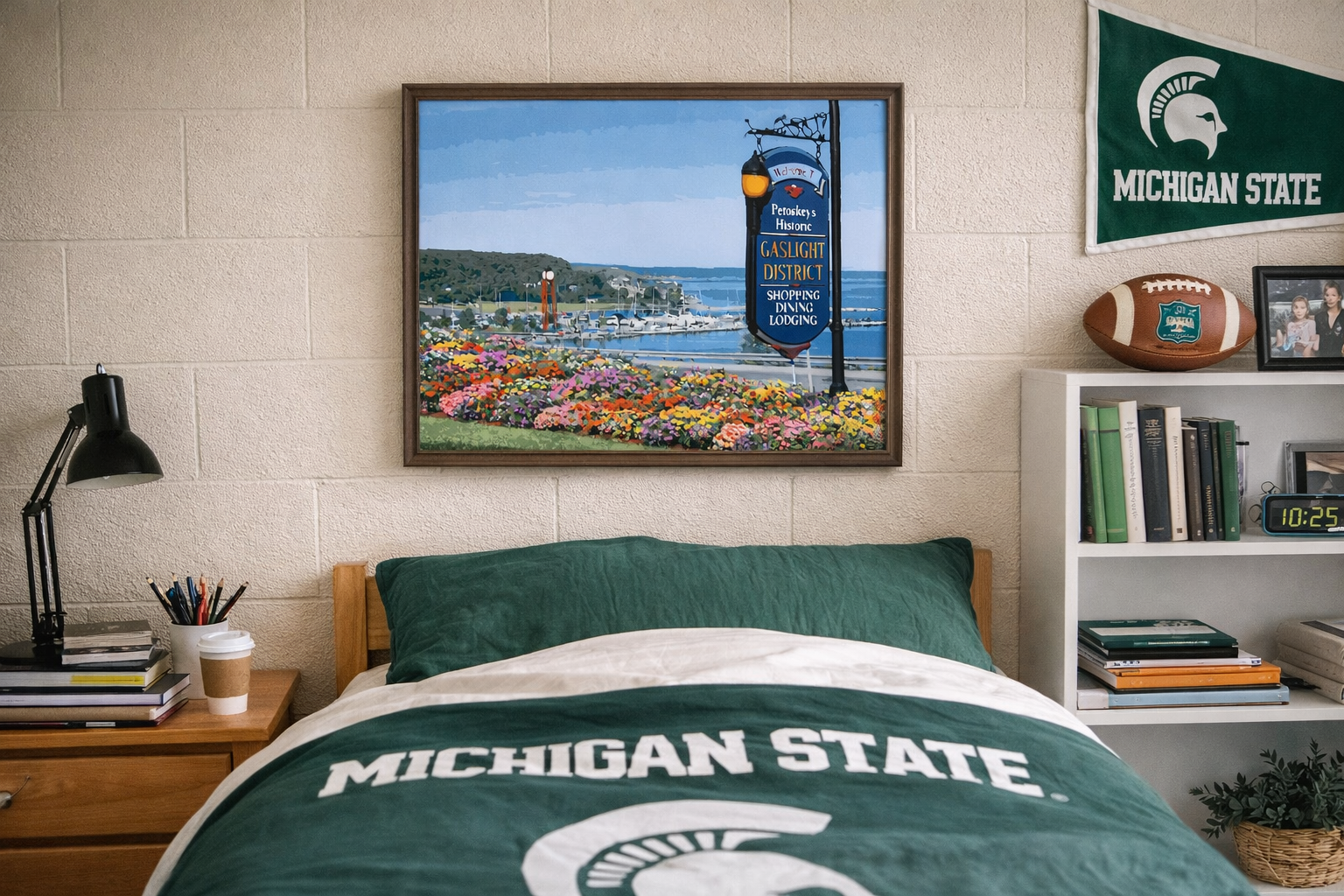 Petoskey Gaslight District Summer Blooms captures the Gaslight District in downtown Petoskey, Michigan, filled with vibrant summer flowers and historic storefronts, showcasing the walkable charm and architectural character of one of the city’s most r