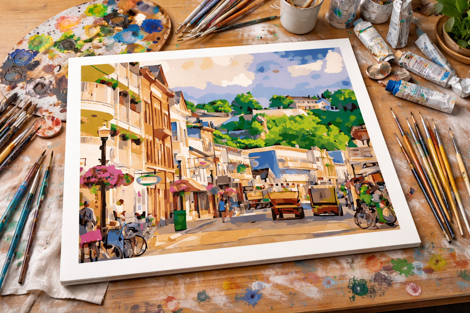 Main Street Views Toward Fort Mackinac portrays Mackinac Island’s Main Street looking upward toward Fort Mackinac, capturing the layered historic architecture, gentle hillside rise, and timeless streetscape that define this iconic island view as a de