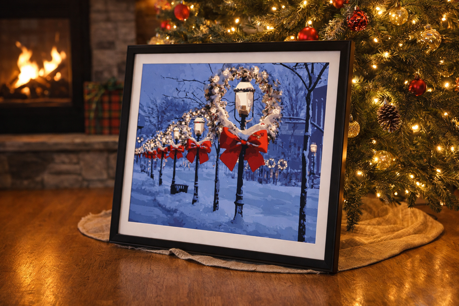 Petoskey Christmas Glow on Mitchell St depicts downtown Petoskey’s Mitchell Street during the holiday season, illuminated with festive lights, wreaths, and winter décor, capturing the warmth and small-town charm of Petoskey, Michigan at Christmas as 