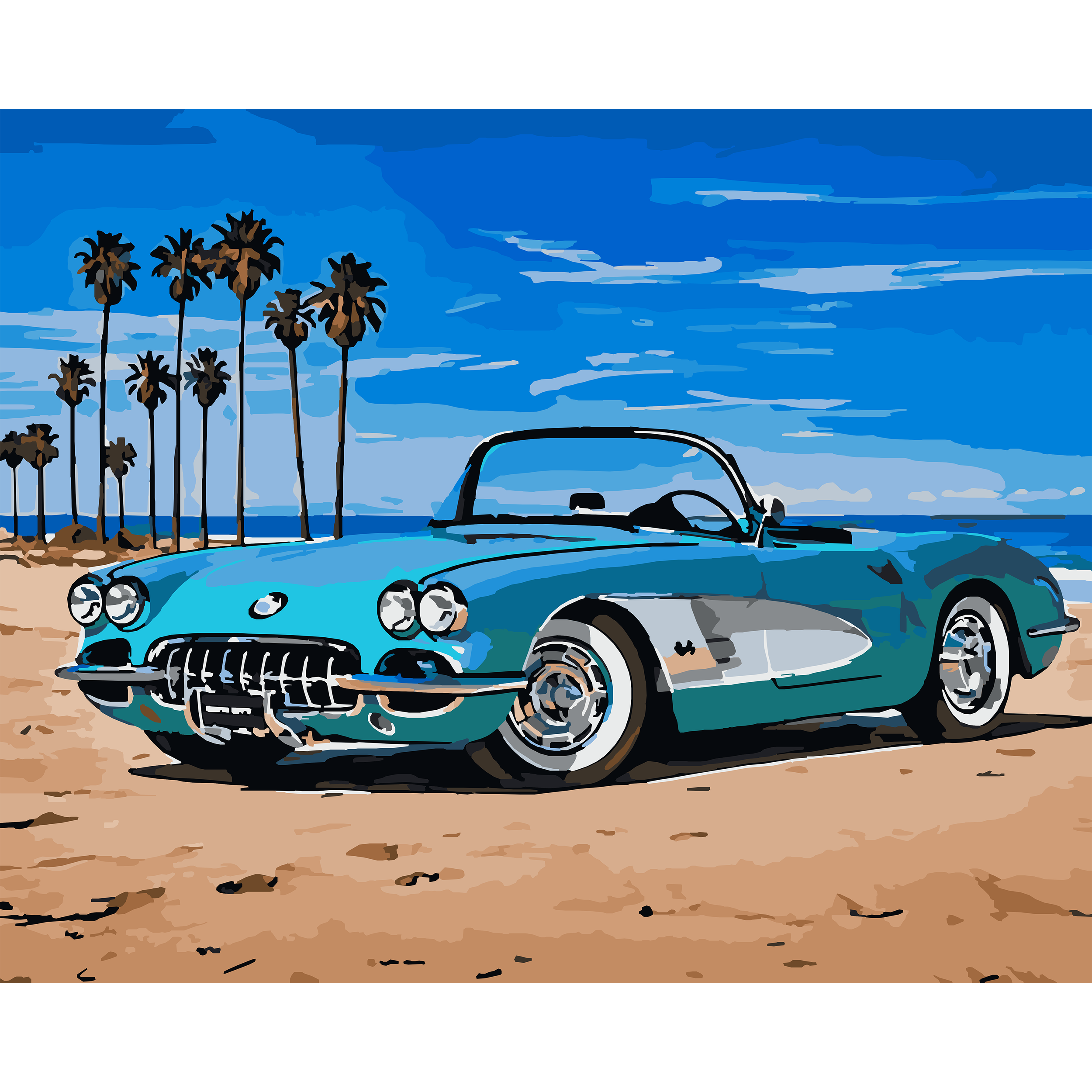Chevrolet Corvette (1953–1967) at the California Beach - Detroit Classic Cars Paint-By-Number Kit