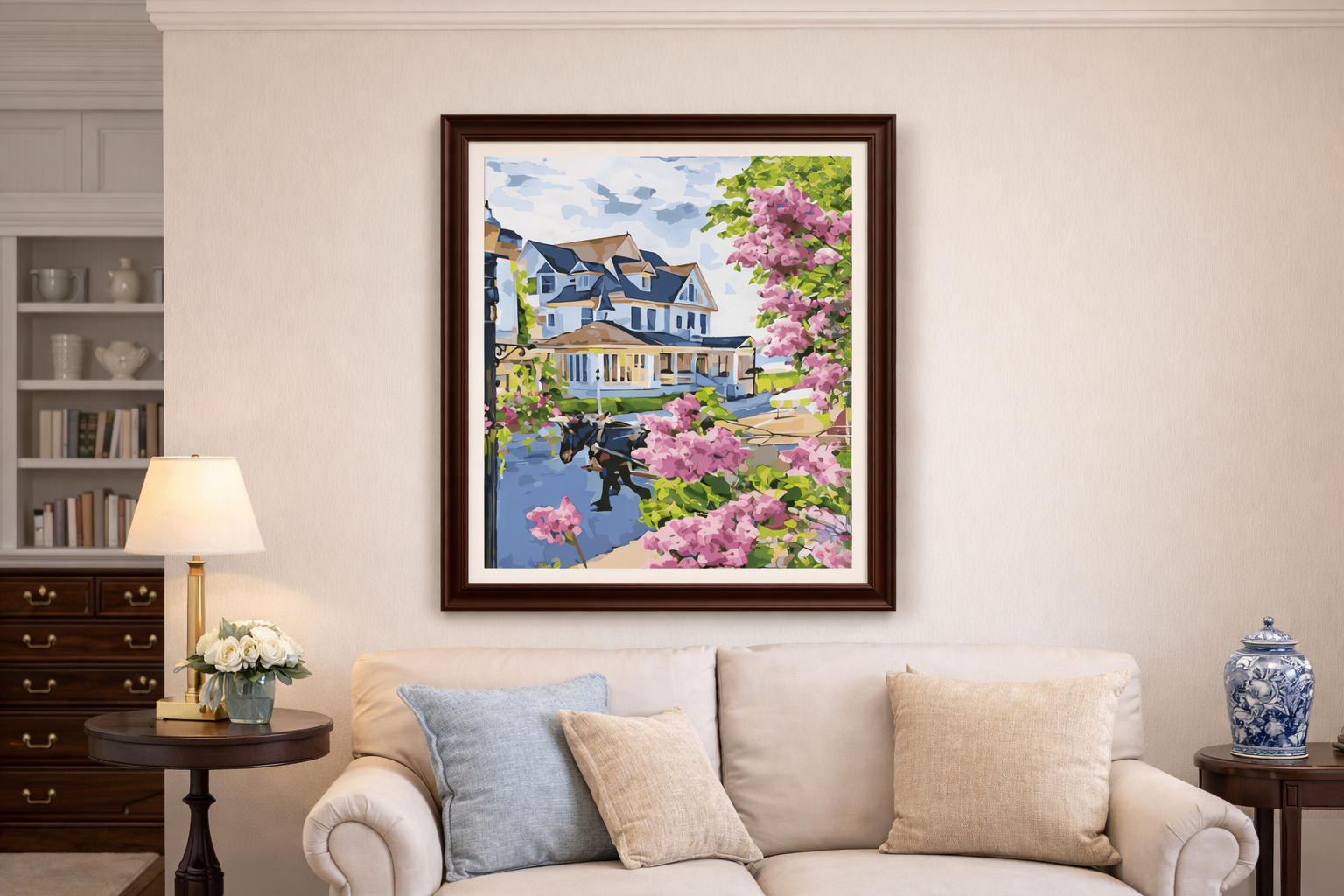 Lilac Breezes at Hotel Iroquois depicts the historic Hotel Iroquois on Mackinac Island, framed by blooming lilacs and lakeside views, capturing the refined charm and seasonal beauty of this beloved waterfront landmark as a detailed paint-by-number sc