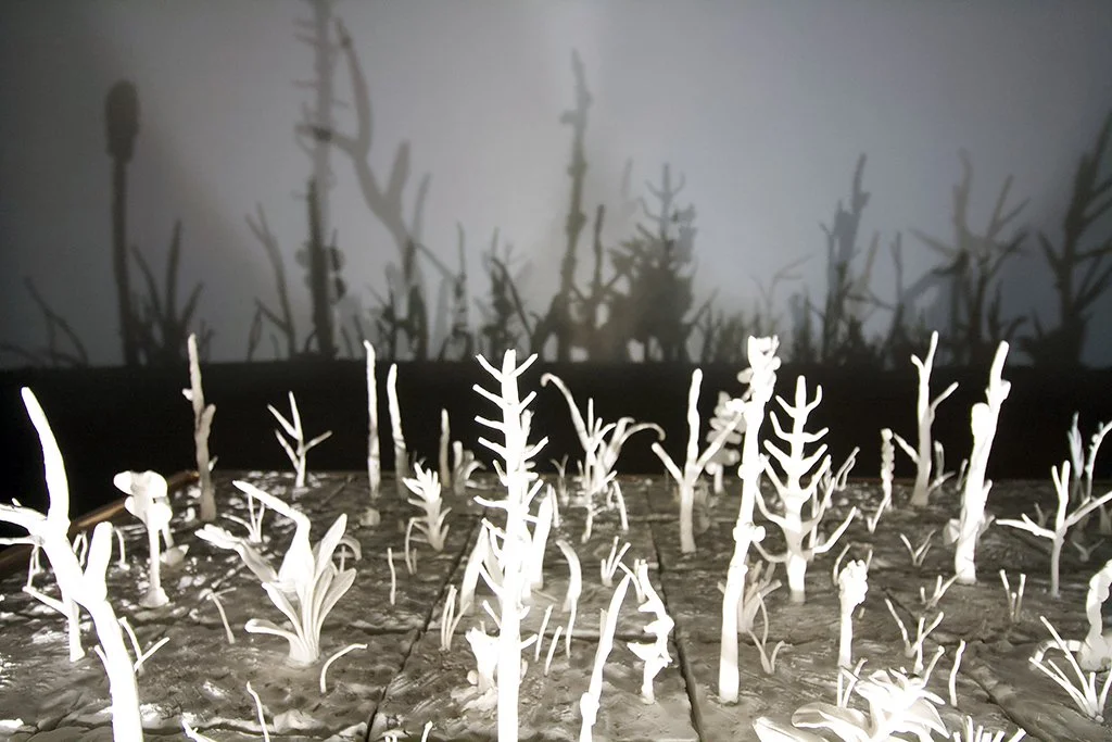  With a Whimper , detail, Installation at a variable size, Porcelain Paper Clay, Wood, Lights, 2023																				
