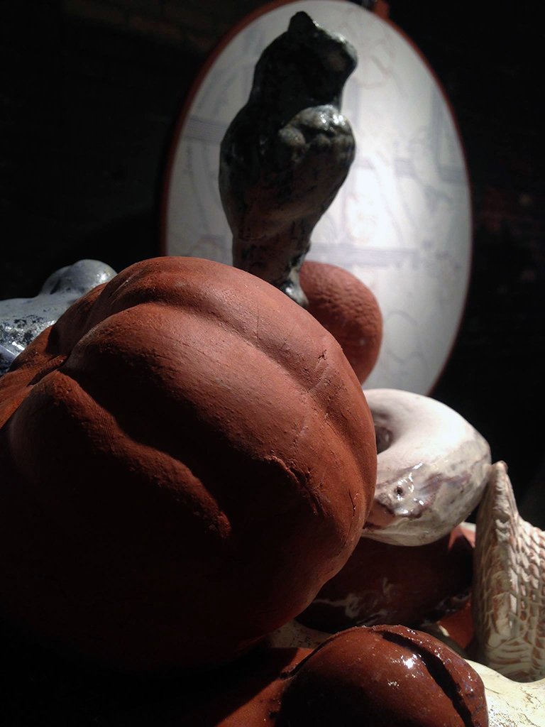  Trellis , detail, Earthenware, wood, embroidery thread, found table,	2016