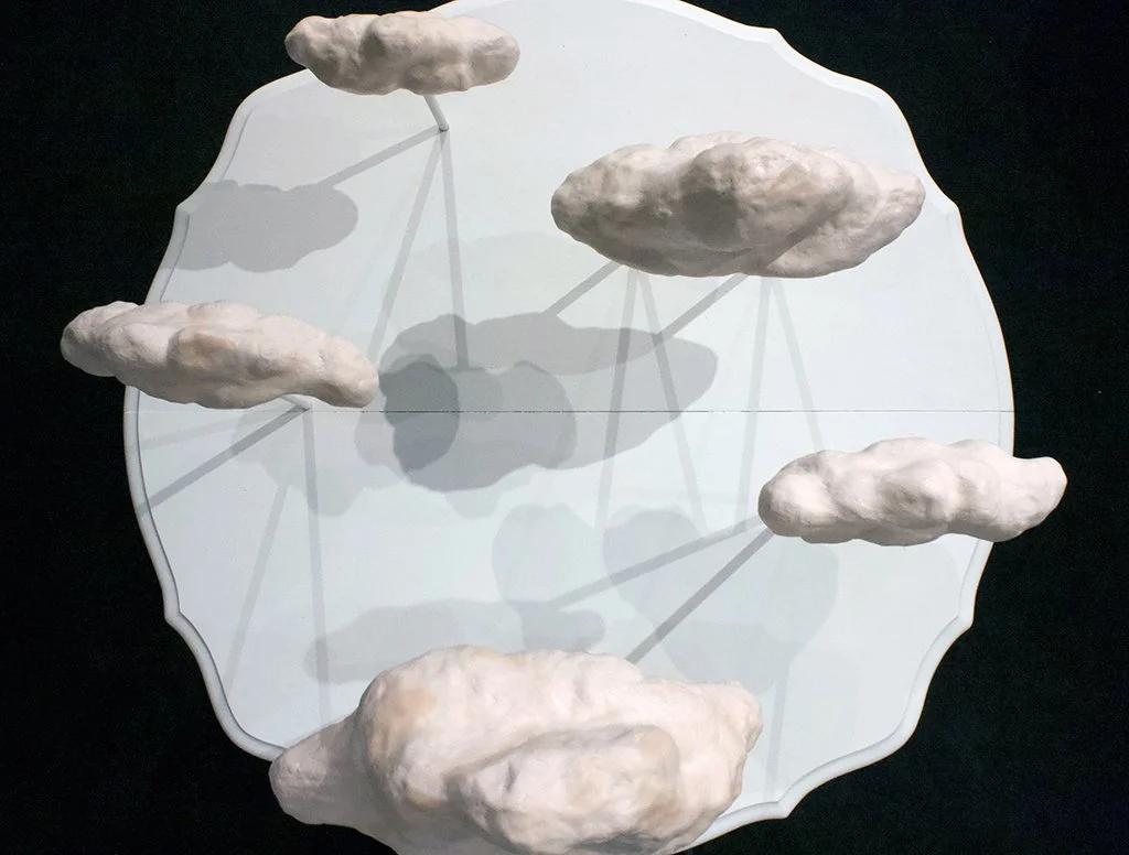  Without Worry , Installation at a variable size, White Earthenware, Wood, Paint, Spray Paint, Beads, Canvas, Lace, Paper, Found Table, Rug and other miscellaneous materials, 2021		