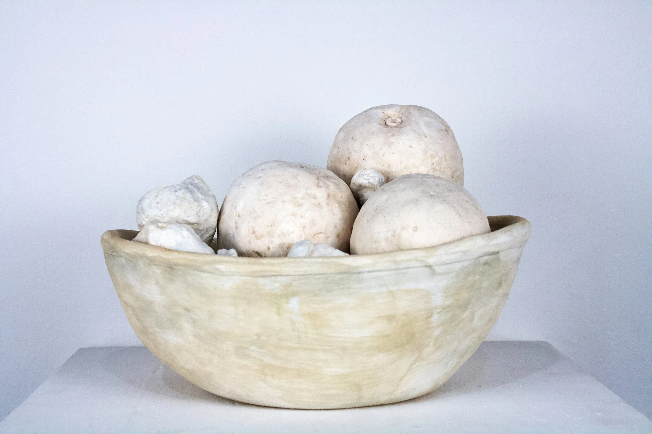  Oranges & Stones , 6" x 10" x 7.5", Low-fire White, 2025																					