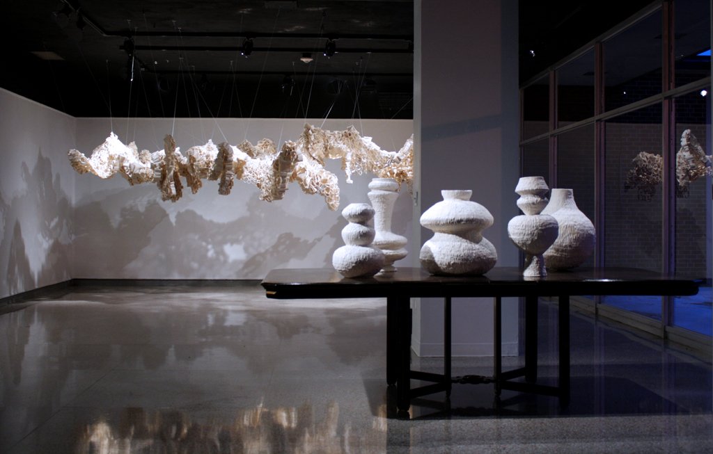 HomeWork, clay, canvas, hot glue, thread, found table, 2012