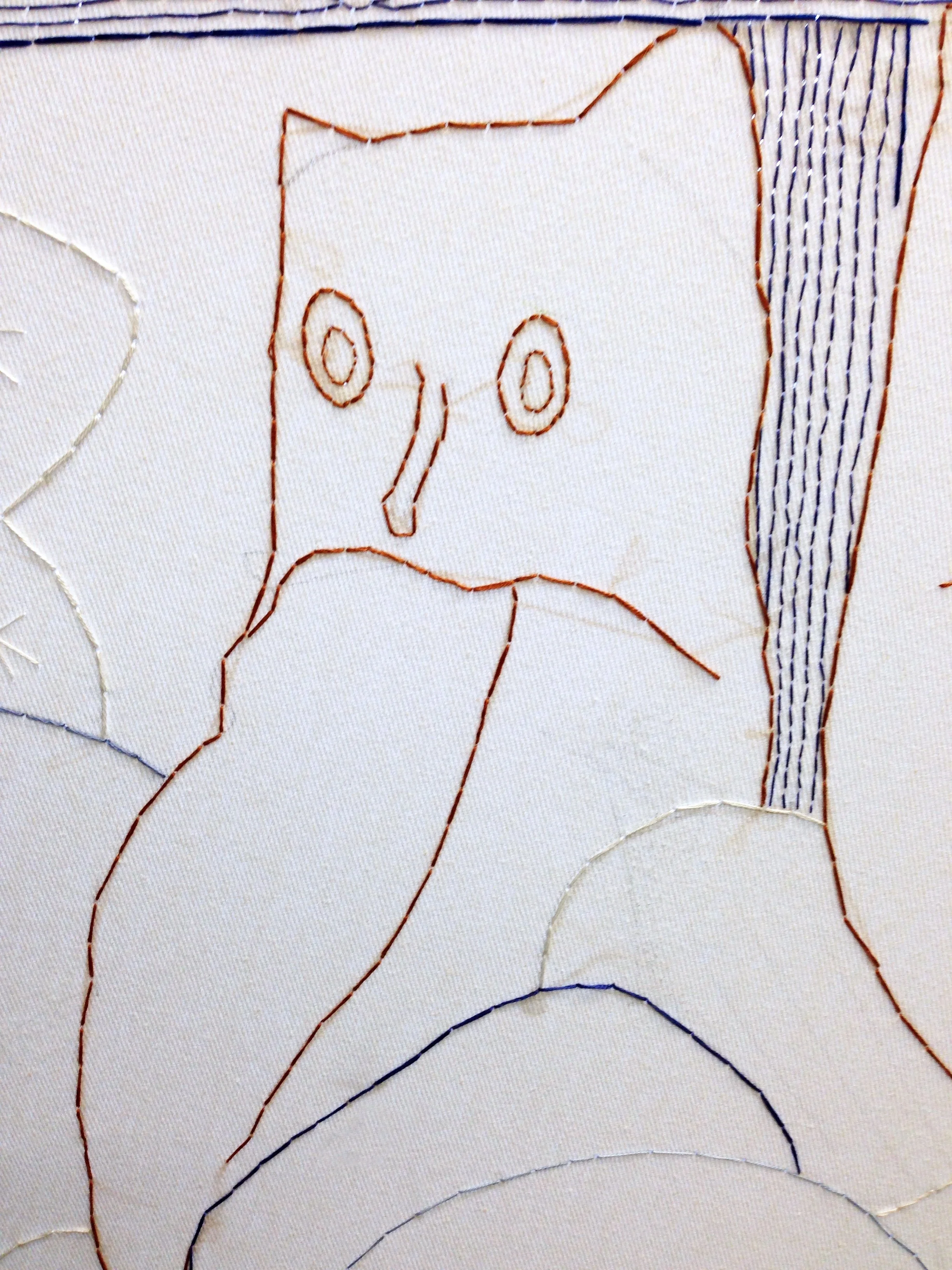  Trellis , detail, Earthenware, wood, embroidery thread, found table,	2016