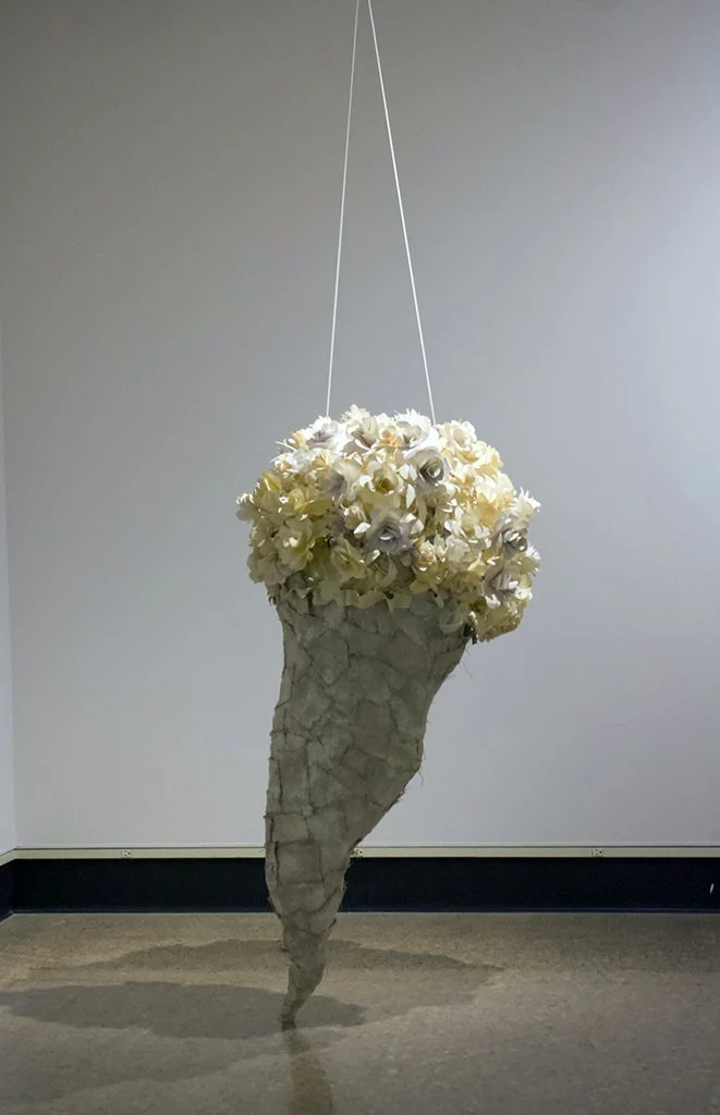  Without Worry , Installation at a variable size, White Earthenware, Wood, Paint, Spray Paint, Beads, Canvas, Lace, Paper, Found Table, Rug and other miscellaneous materials, 2021		