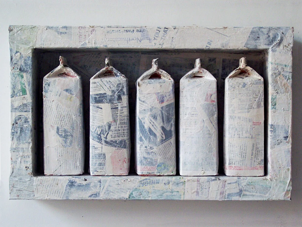 Milkbox , earthenware, wood, newspaper, 2008