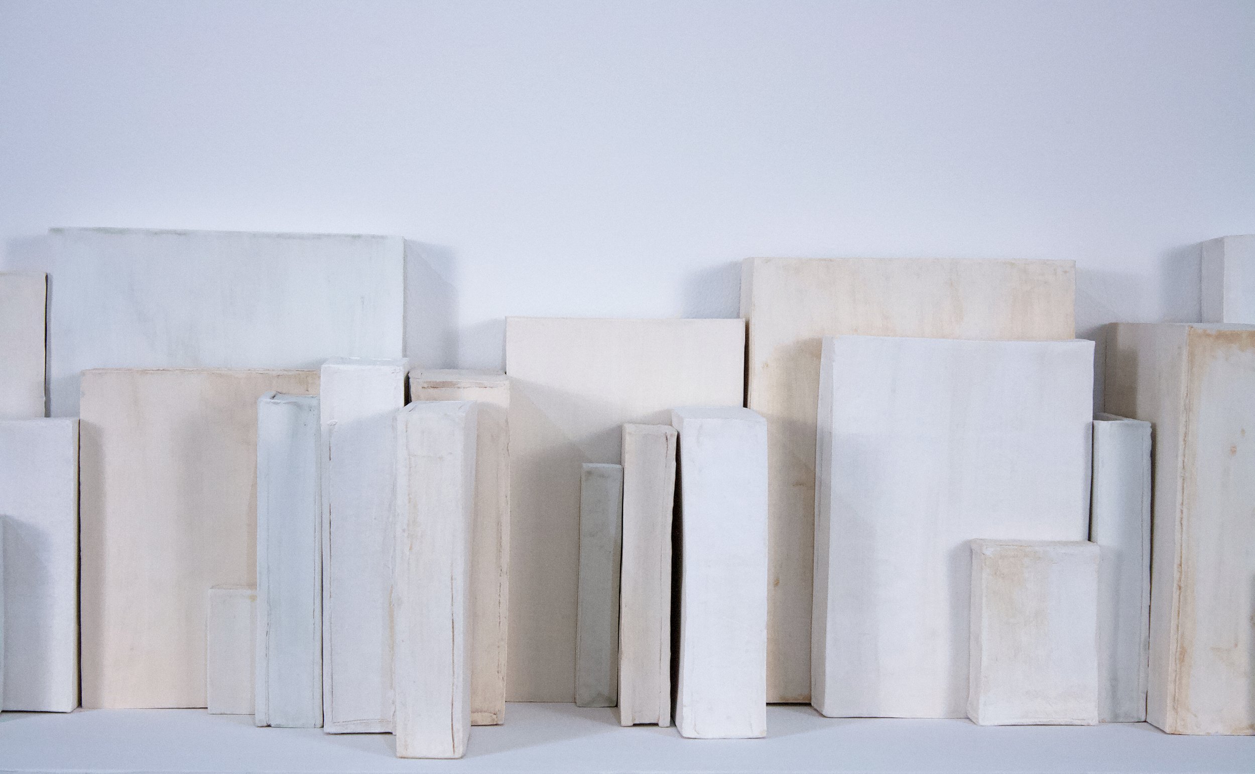 White Boxes, detail, 11" x 27 x 16", Low-fire Paper Clay, 2025