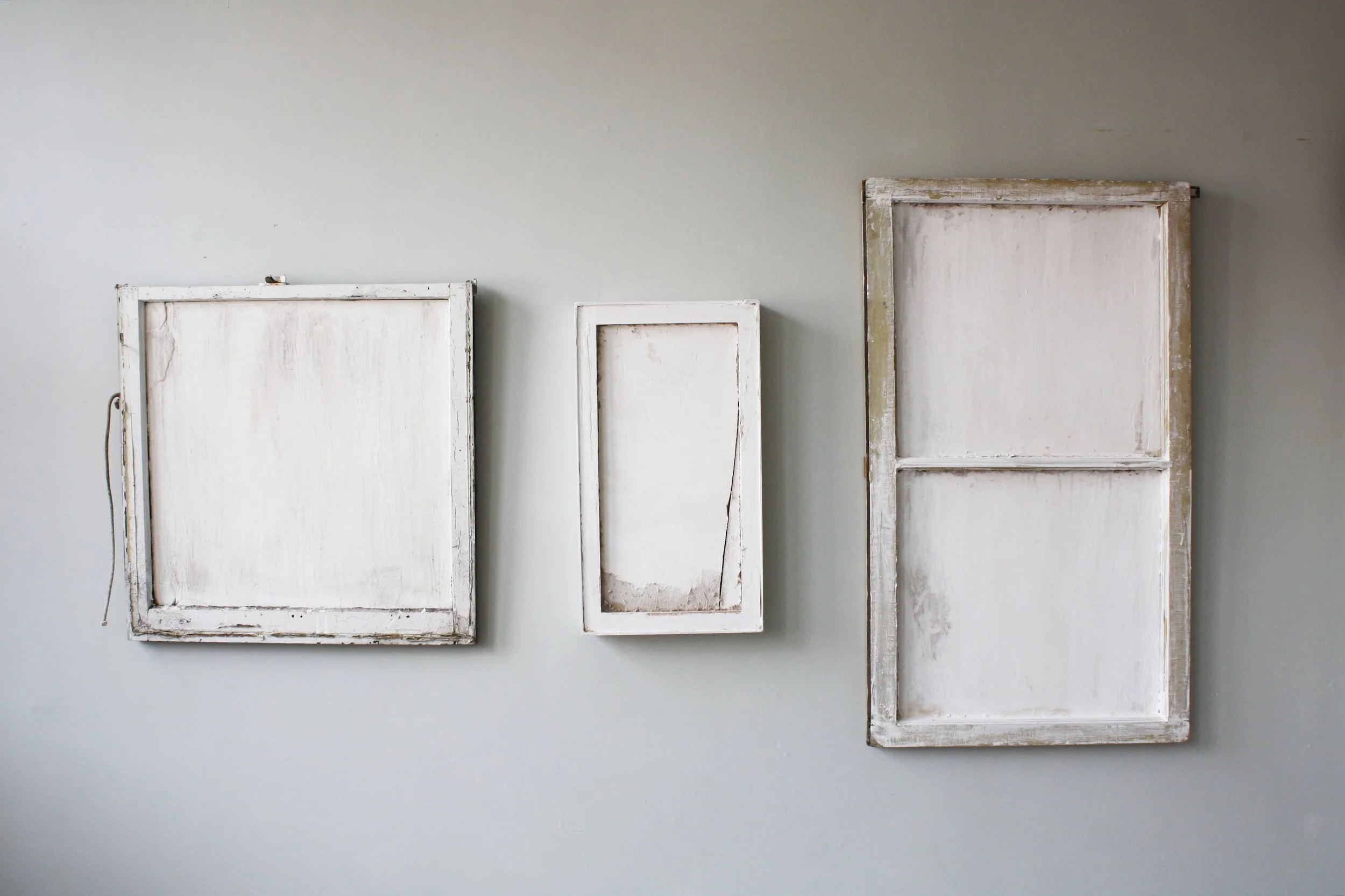 Construct No. 1 (windows), 4’ x 6. 3’ x 3”, Window frames, wood, drywall, plaster, dirt, 2009