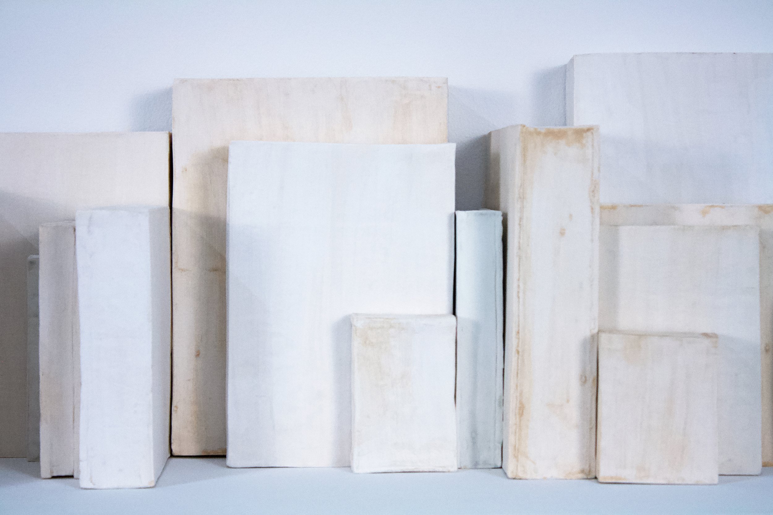 White Boxes, detail, 11" x 27 x 16", Low-fire Paper Clay, 2025