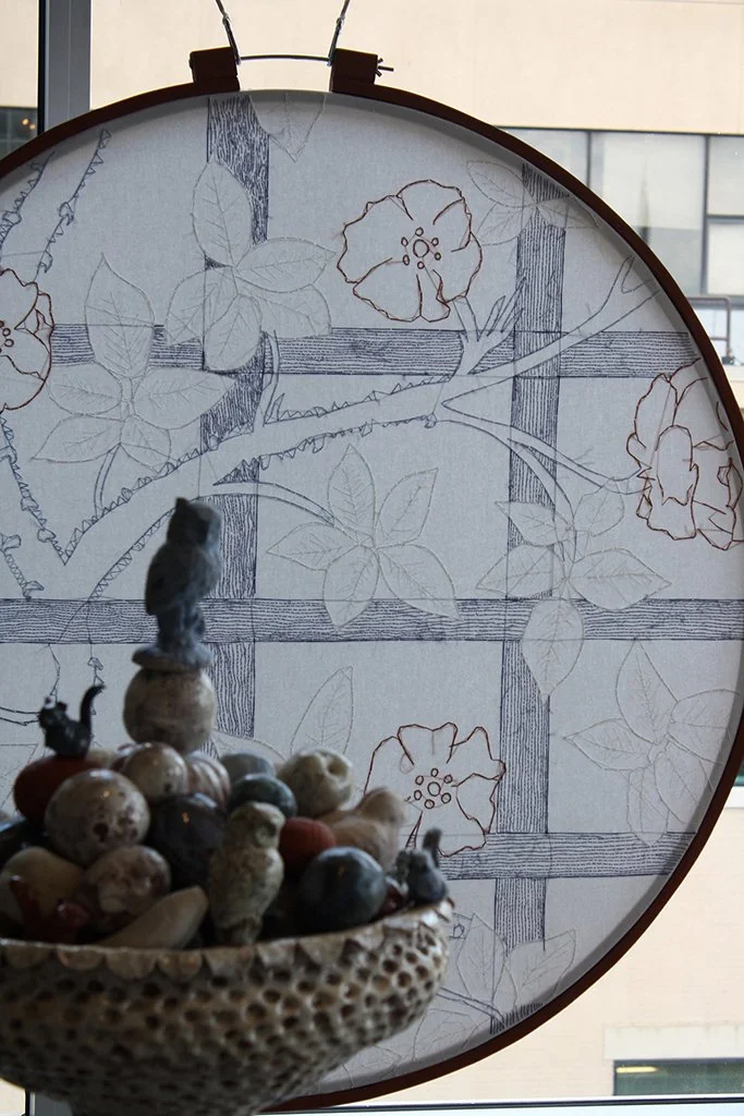  Trellis , detail, Earthenware, wood, embroidery thread, found table,	2016																				