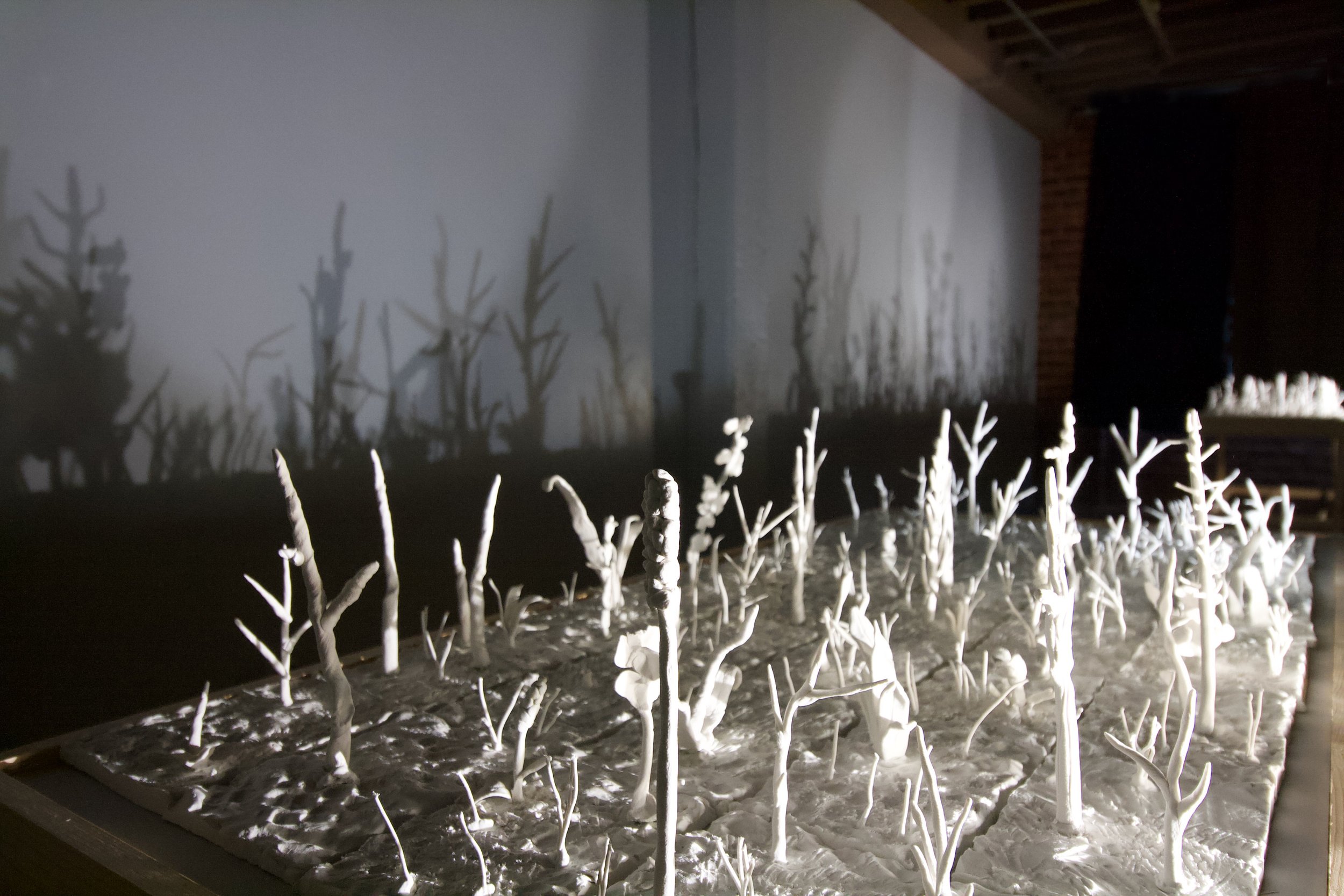 With a Whimper, detail, variable size, porcelain paper clay, wood, lights, 2023