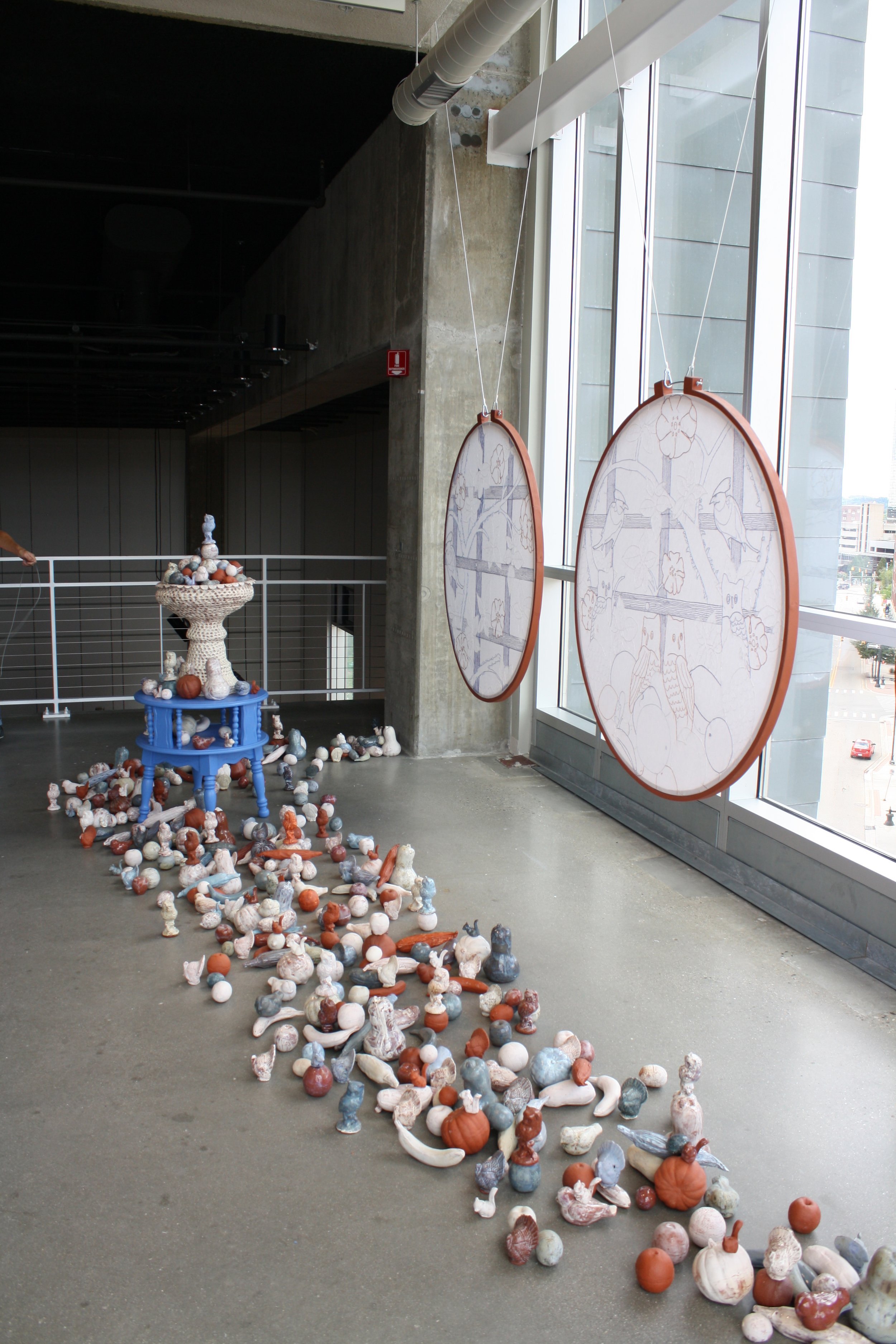 Trellis , Earthenware, wood, embroidery thread, found table,	2016