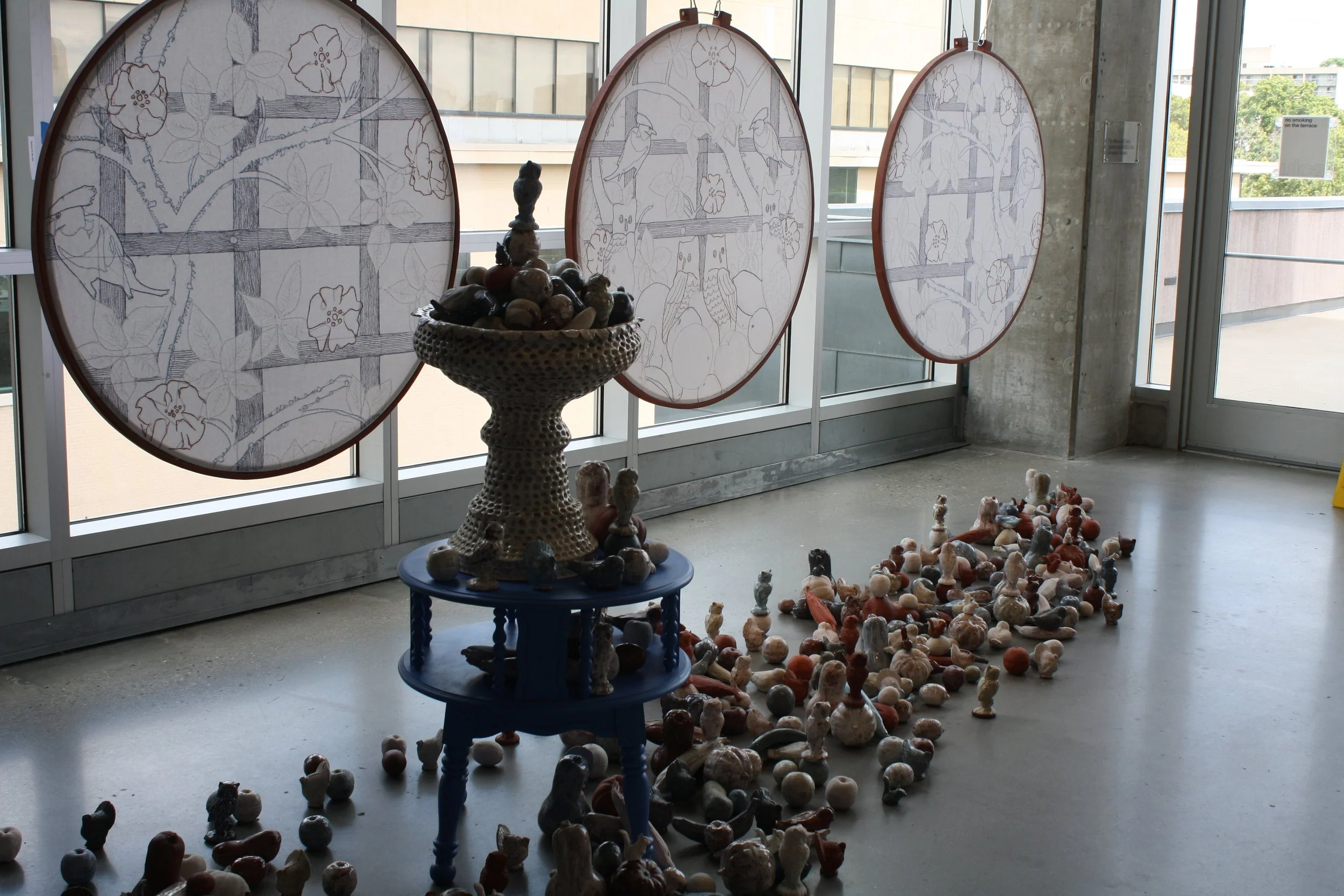  Trellis , Earthenware, wood, embroidery thread, found table,	2016