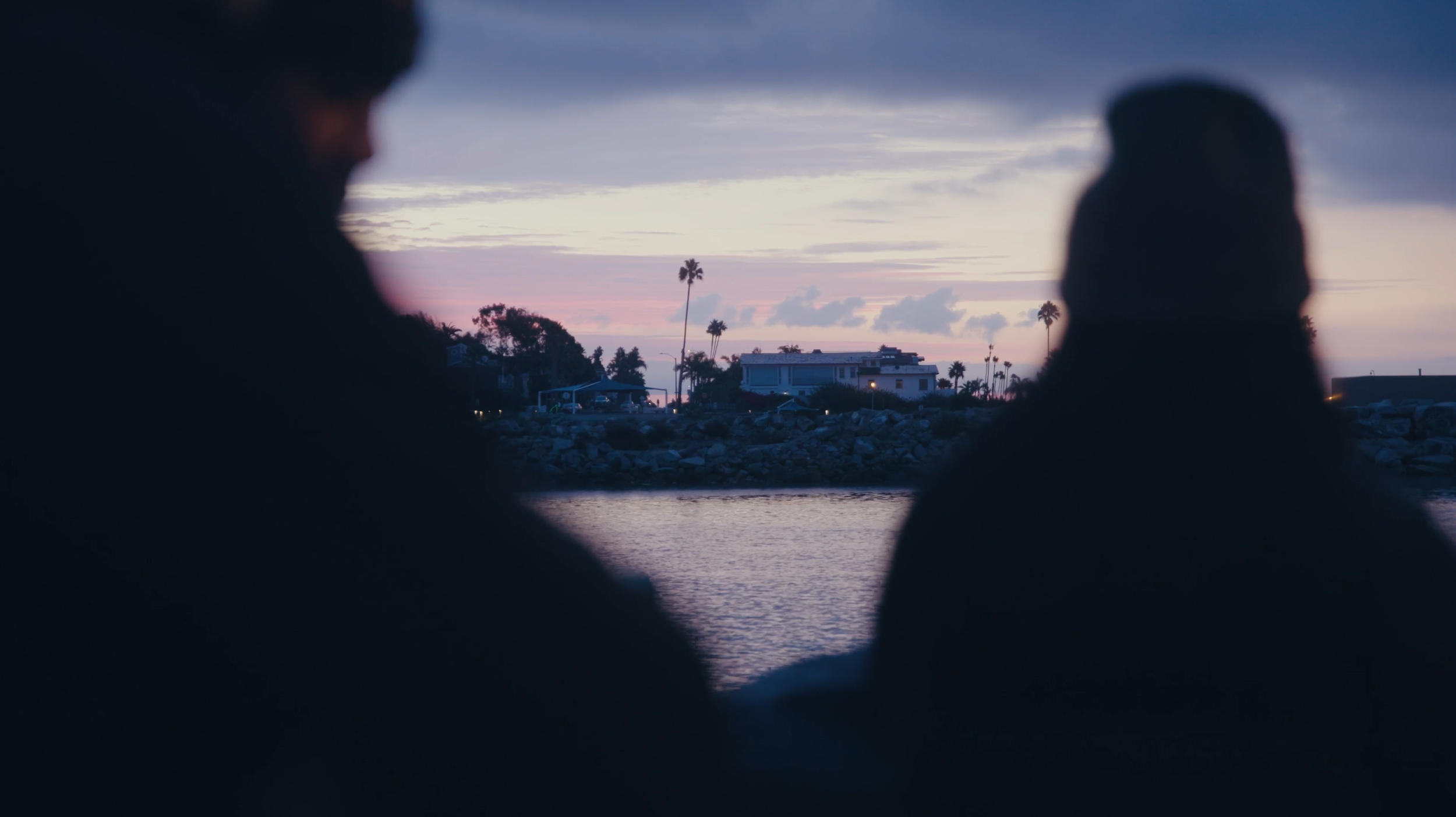 Silhouettes of two people near water at sunset with houses and palm trees in the background.