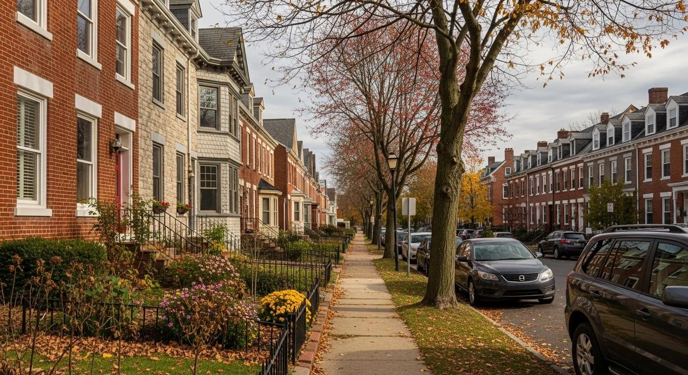 A suburban street view with row houses on the left and parked cars on the right, lined with trees and autumn foliage.