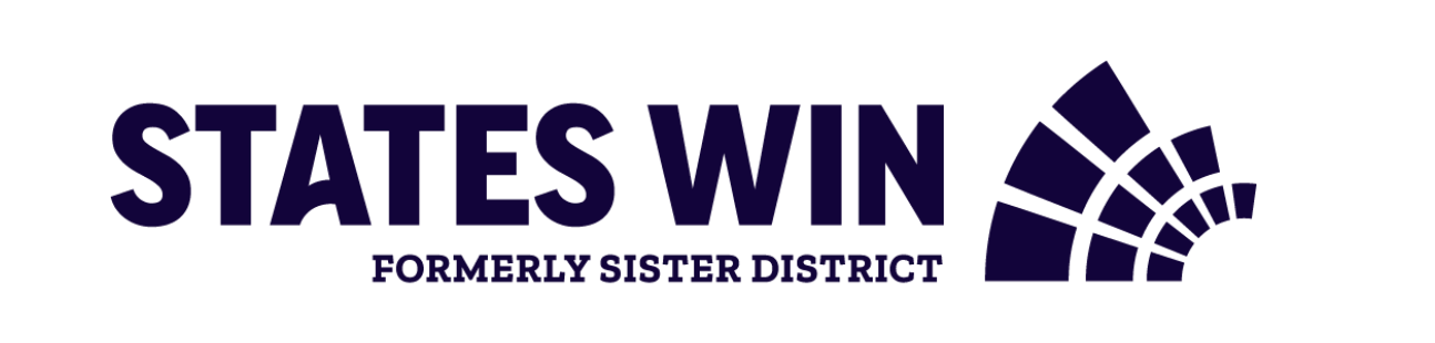 Text stating 'STATES WIN' with a subtitle 'Formerly Sister District' and a logo consisting of a stylized map of the United States divided into sections.