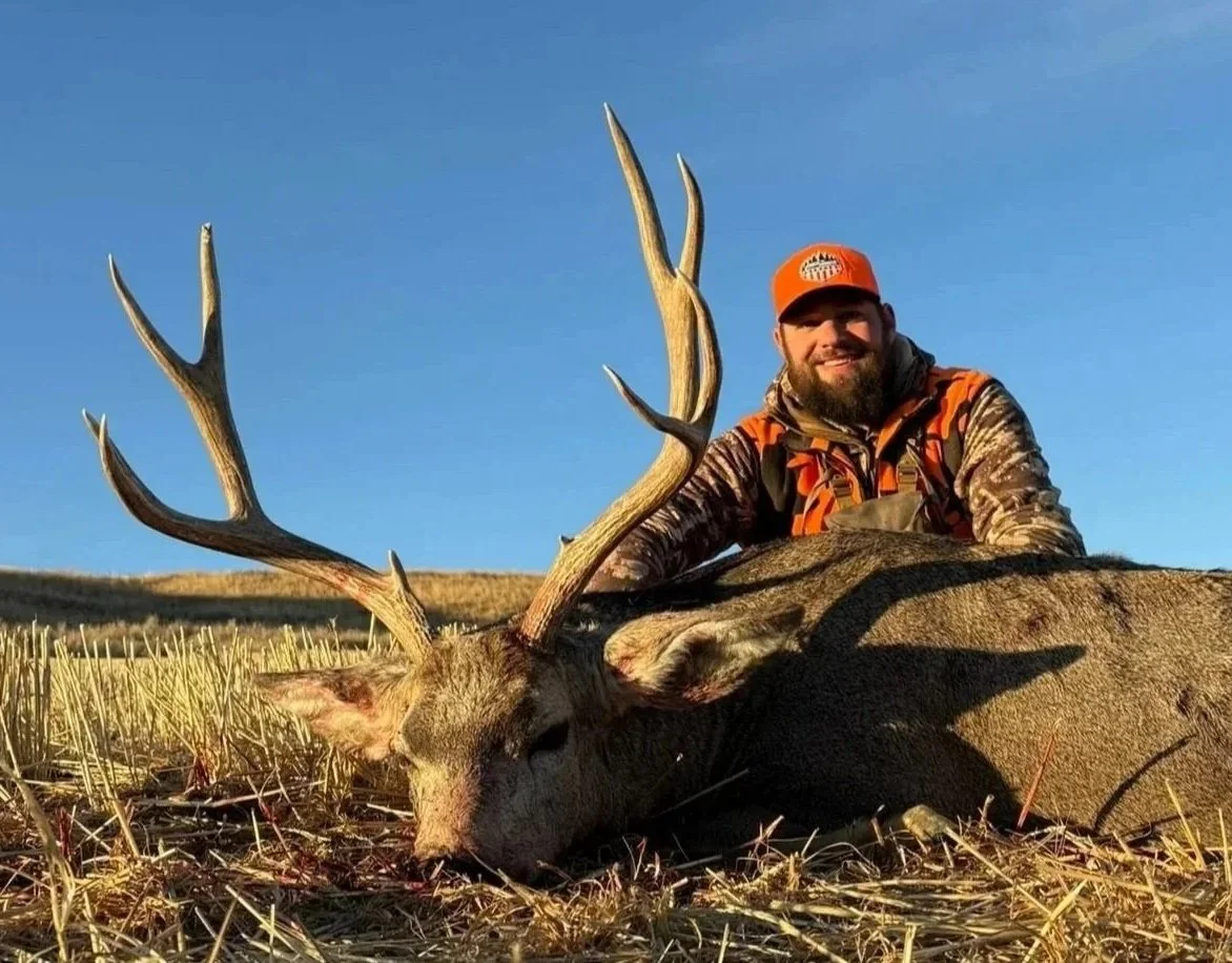A man with a beard, wearing camouflage and an orange cap, is kneeling behind a large dead deer with antlers, lying on the ground in a field under a clear blue sky.
