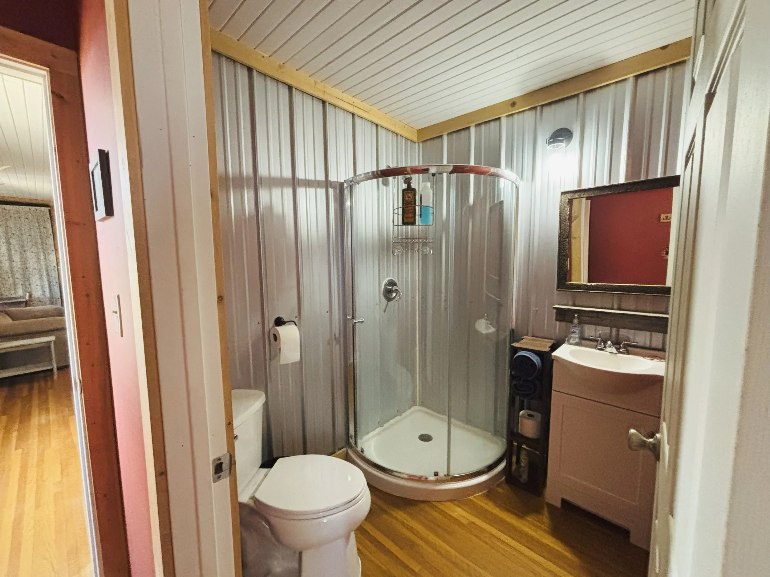 Small bathroom with a corner shower, toilet, and vanity with mirror inside a rustic-style house.