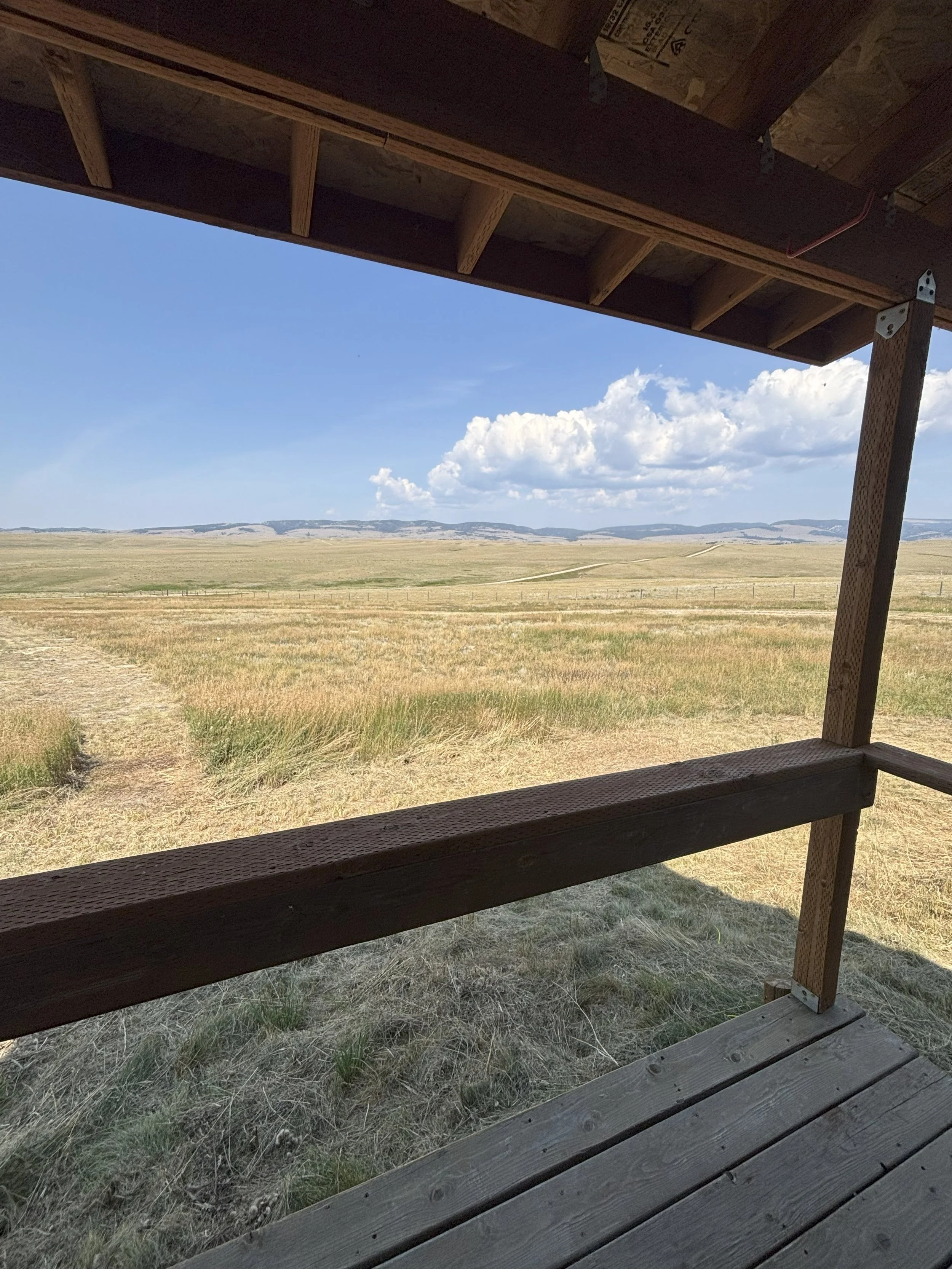 View from a wooden structure over a vast open field with grass, rolling hills, blue sky, and white clouds in the distance.