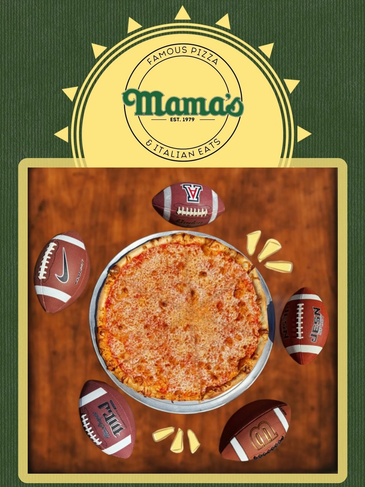 Our 24&quot; family size is as big as all the footballs we can stack up 🏈🍕 Who&rsquo;s hungry enough to take on this giant?

Link to online ordering and more in bio! 
Speedway &amp; Swan (520)319-8856
Broadway &amp; Houghton (520)751-4600

#Mamasfa