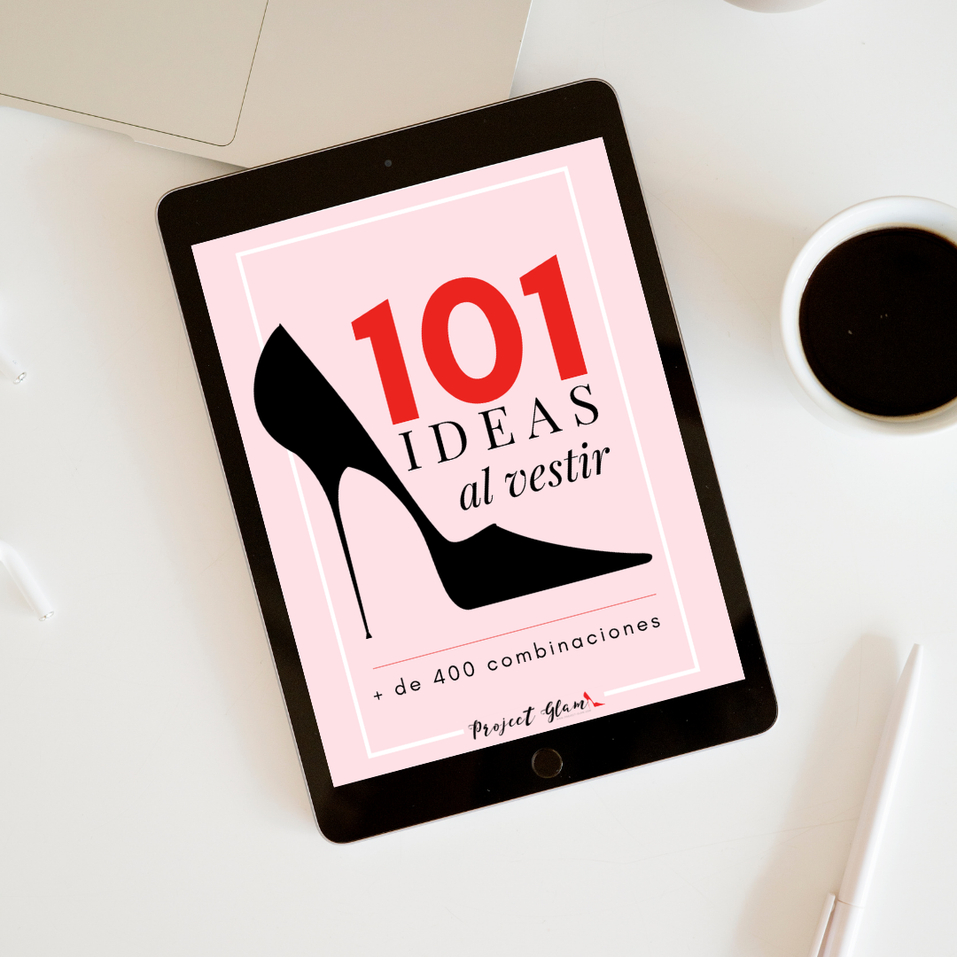 Pantalla de tableta que muestra una portada titulada '101 Ideas al vestir' con una silueta de zapato de tacón alto y detalles en rosa y negro.
