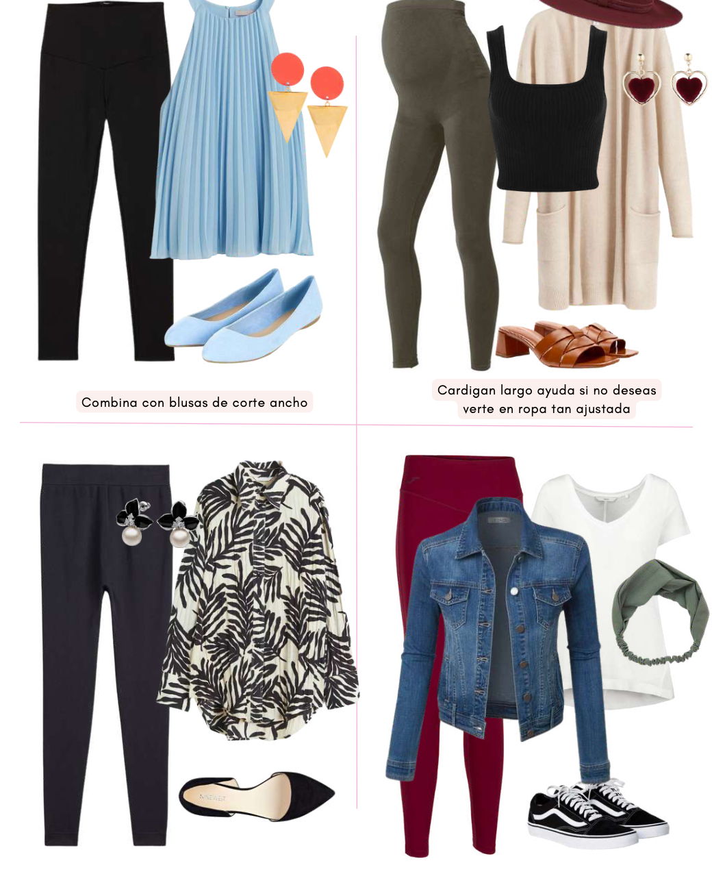 Cuatro conjuntos de ropa con distintos estilos, incluyendo pantalones, blusas, vestidos, accesorios y calzado, con instrucciones de moda en español.