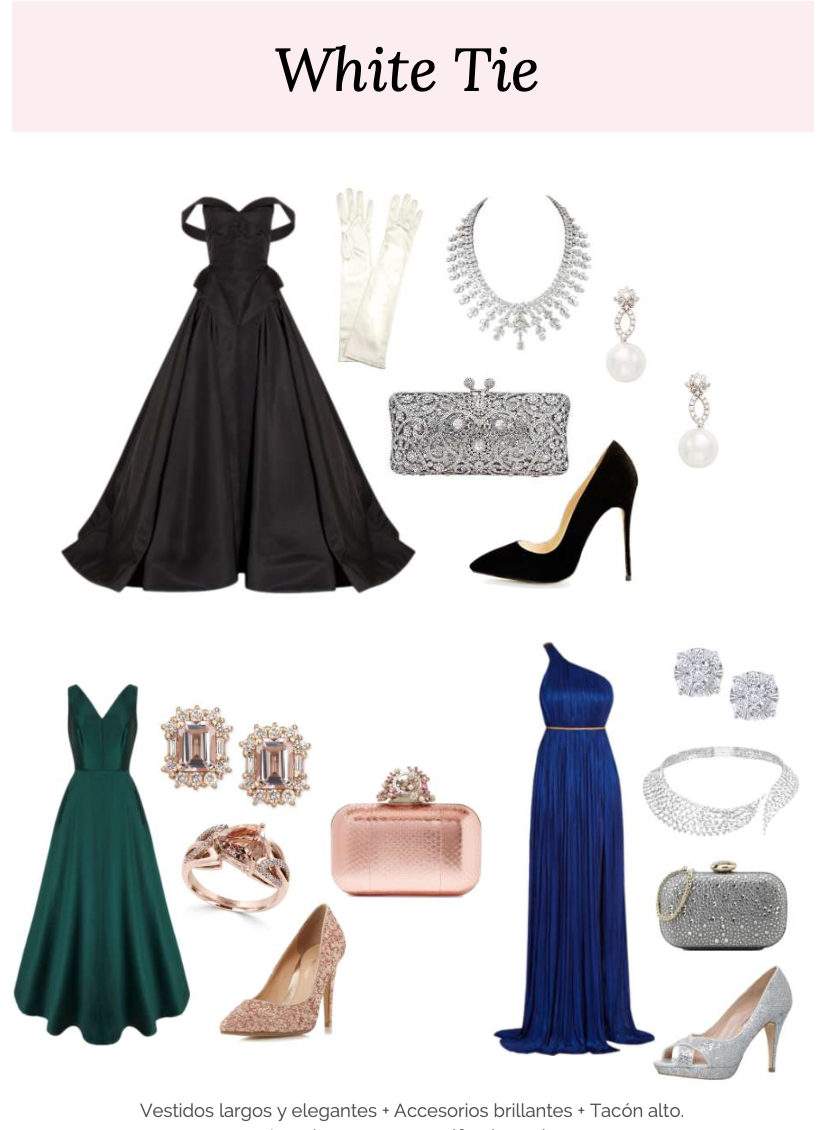 Columna de vestidos largos y elegantes en diferentes colores y estilos, con accesorios brillantes como pendientes, collares, bolsos de mano y zapatos de tacón alto.