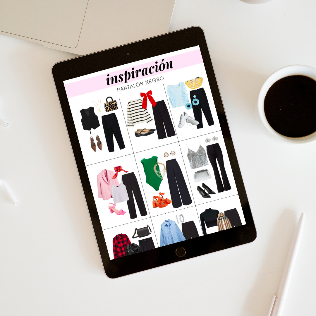 Tableta con inspiración de estilos de ropa y accesorios para pantalón negro.