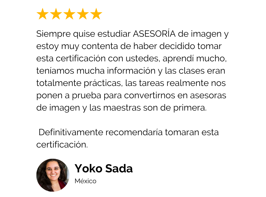 Reseña positiva con cinco estrellas, texto en español recomendando un curso de asesoría en imagen, con foto de una mujer sonriente y su nombre, Yoko Sada, de México.