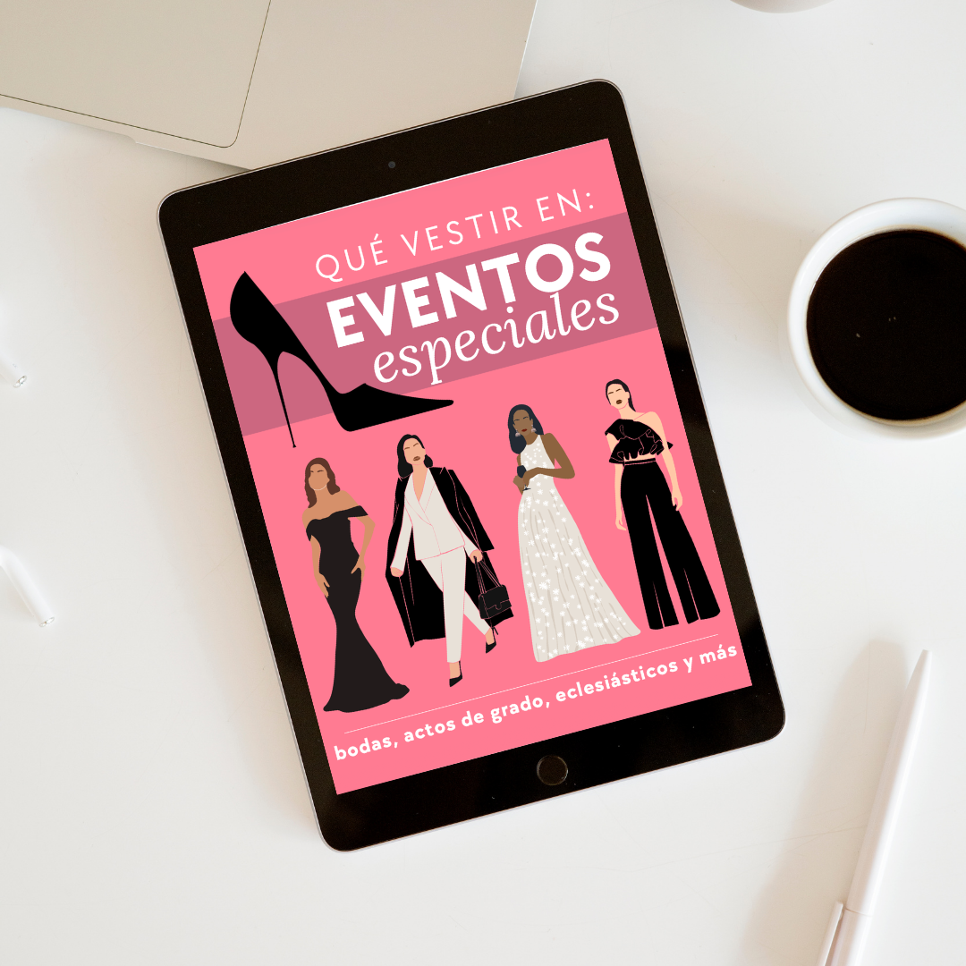 Pantalla de tableta con folleto sobre qué vestir en eventos especiales, con ilustraciones de mujeres en diferentes atuendos elegantes, en un fondo rosa.
