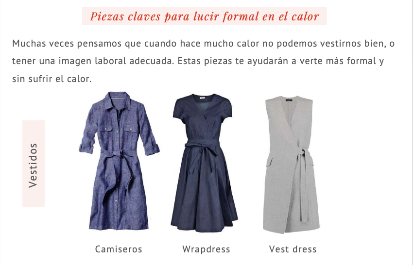 Tres prendas de vestir en tonos azules y grises: un vestido de camisa, un wrapdress y un vestido sin mangas con cinturón