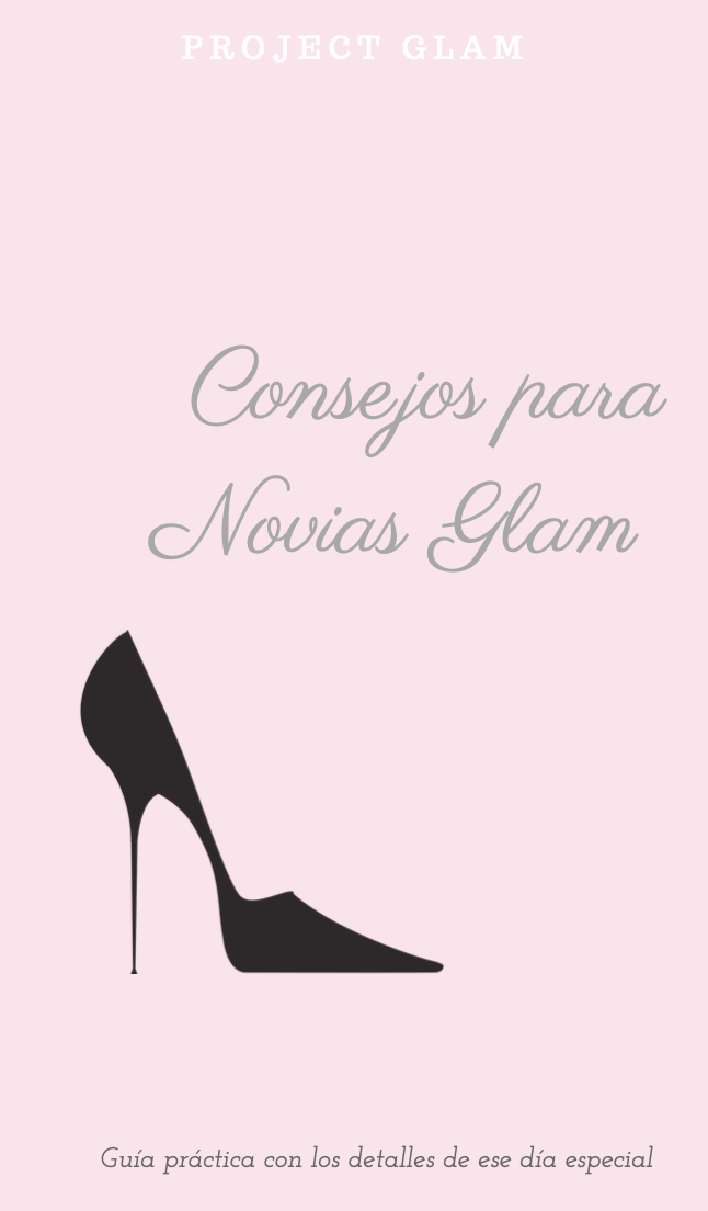 Folleto con fondo rosado, texto en gris y blanco, ilustración de una zapato de tacón negro